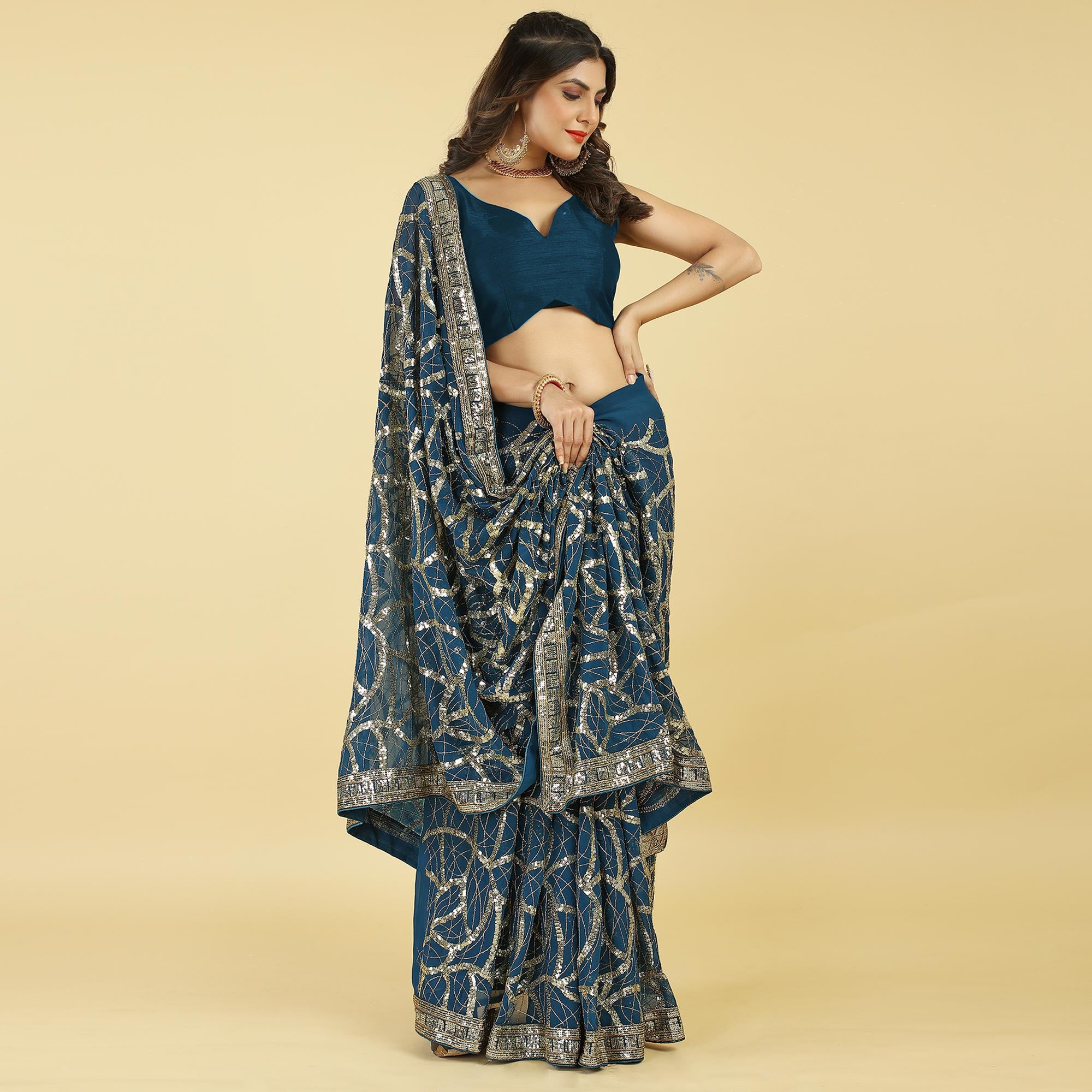 Morpich Sequins Work Georgette Saree