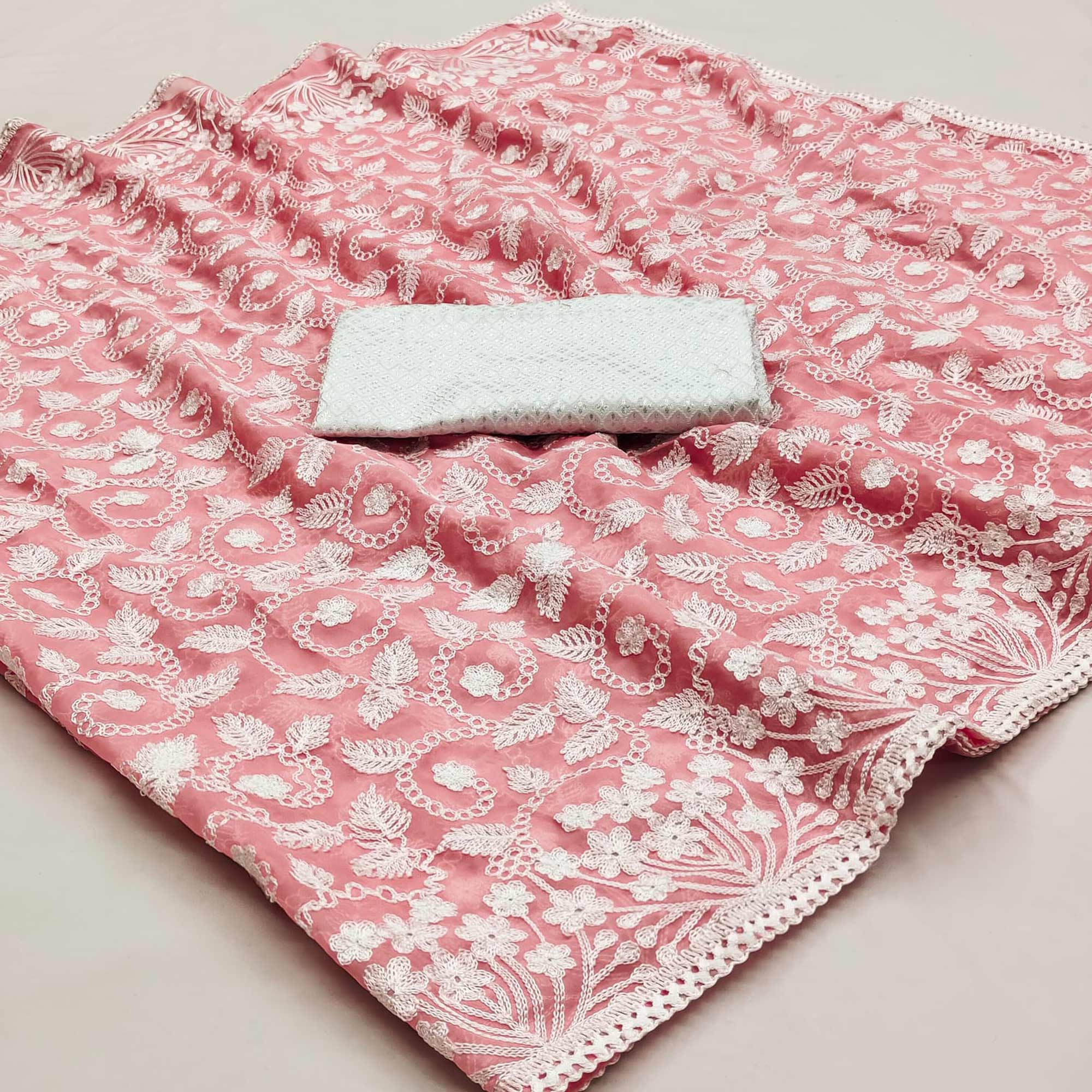 Pink Lucknowi Embroidered Organza Saree