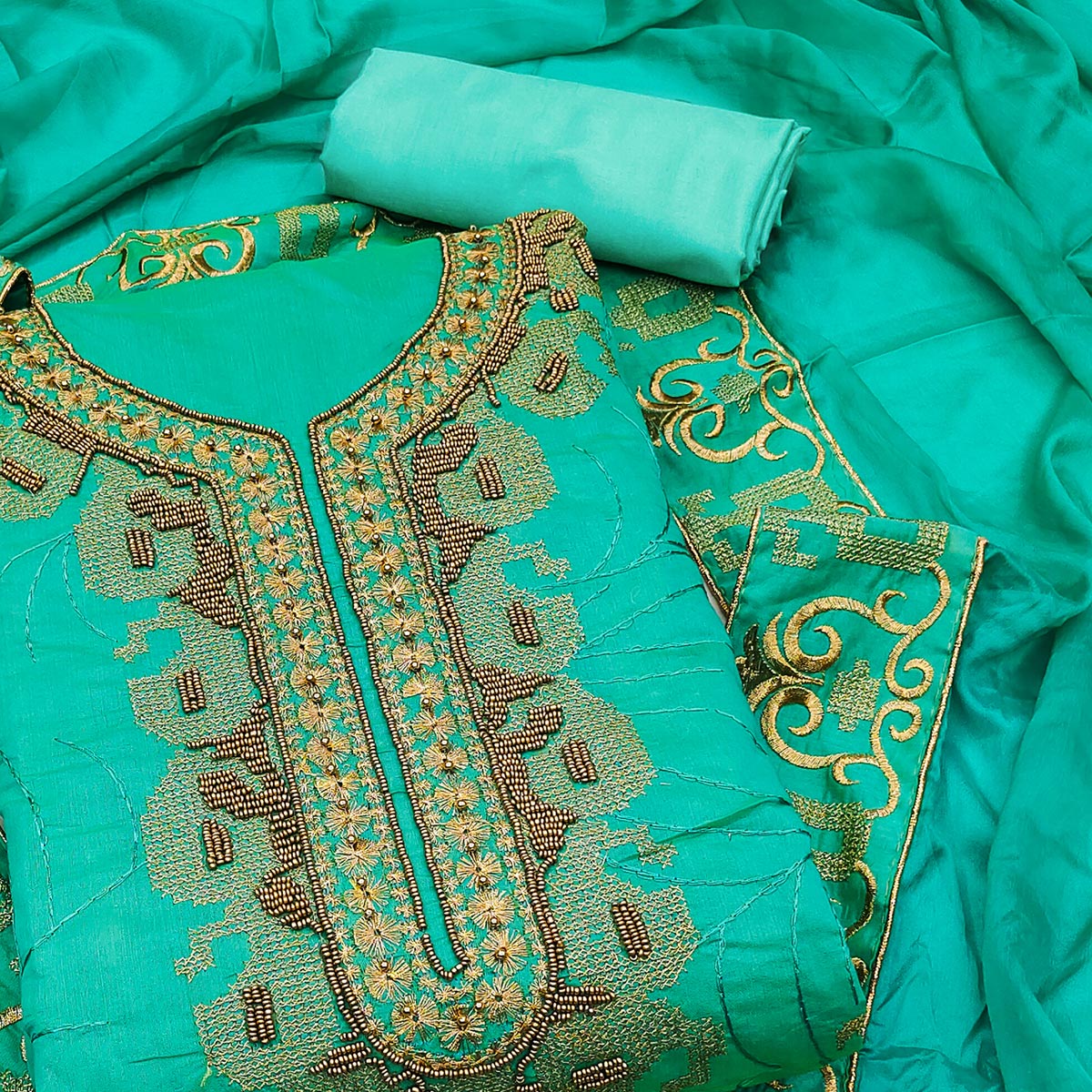 Turquoise Handwork Embroidered Modal Dress Material