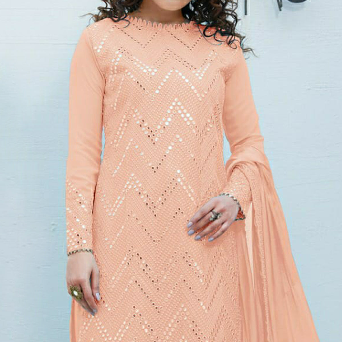Peach Mirror Embroidered Georgette Suit