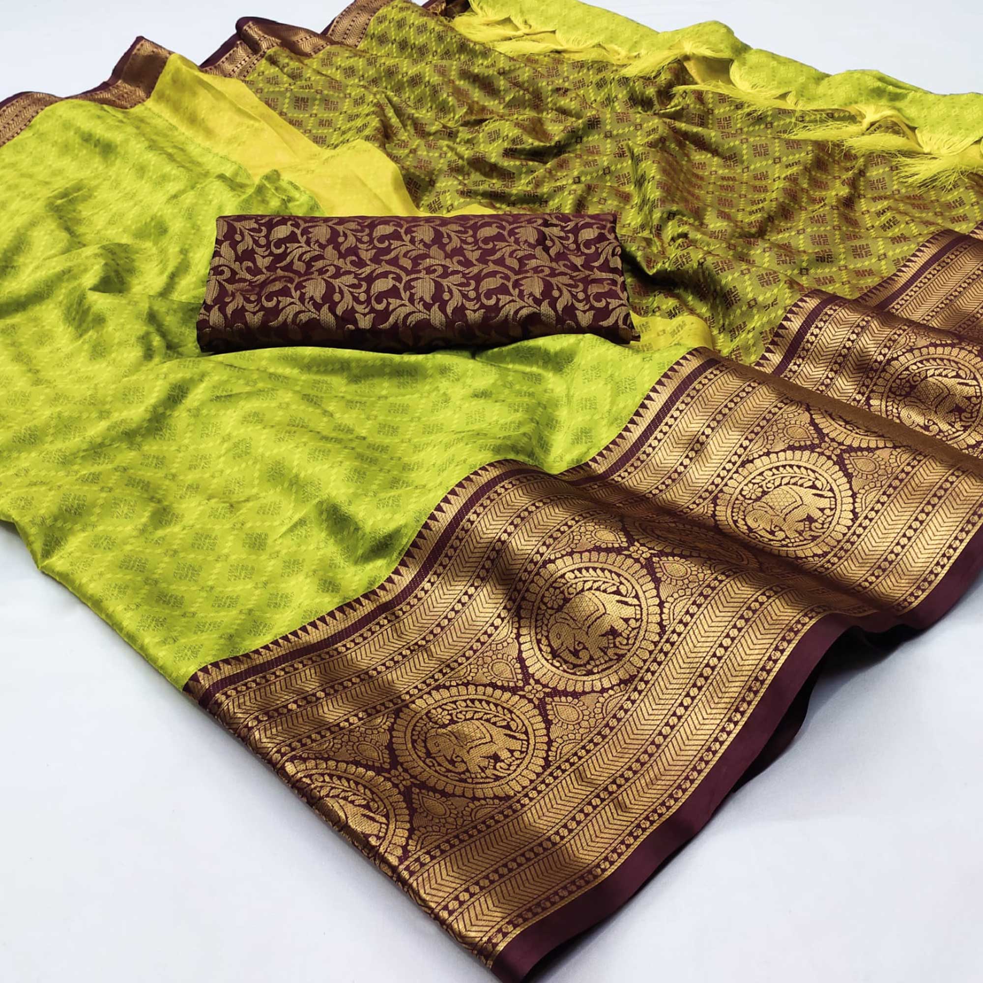 Green Woven Cotton Silk Saree With Tassels