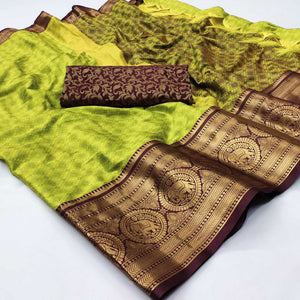 Green Woven Cotton Silk Saree With Tassels