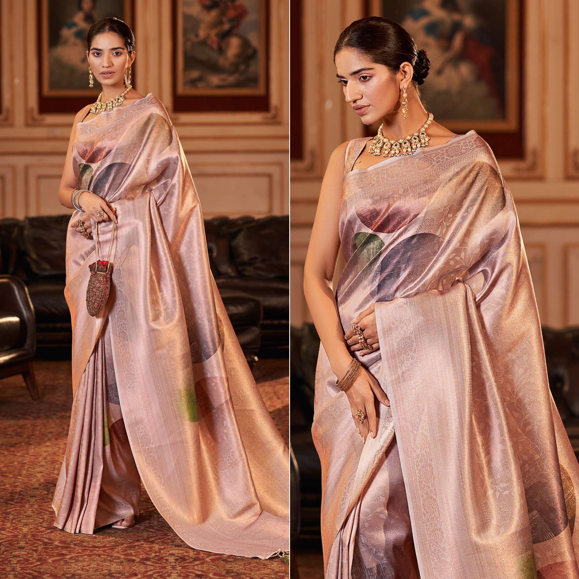 Beige Woven Jacquard Saree With Tassels