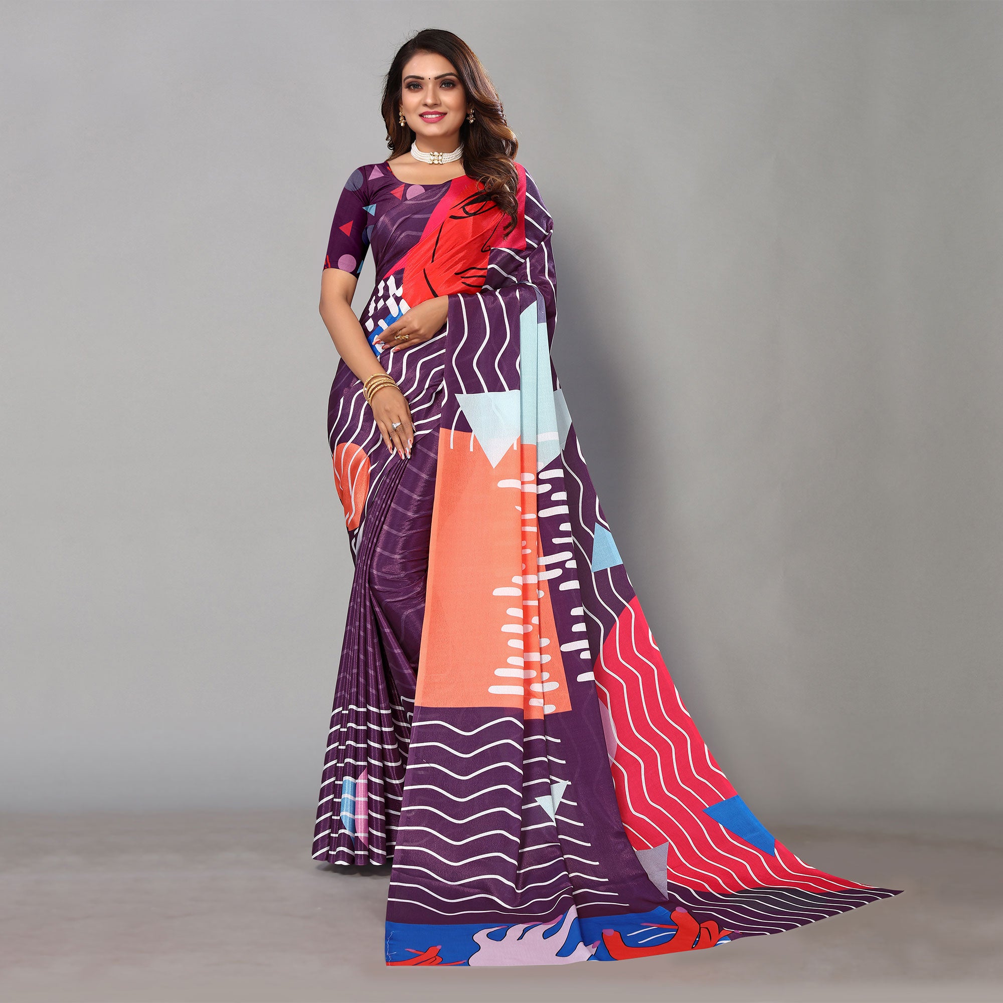 Wine Digital Printed Chiffon Saree