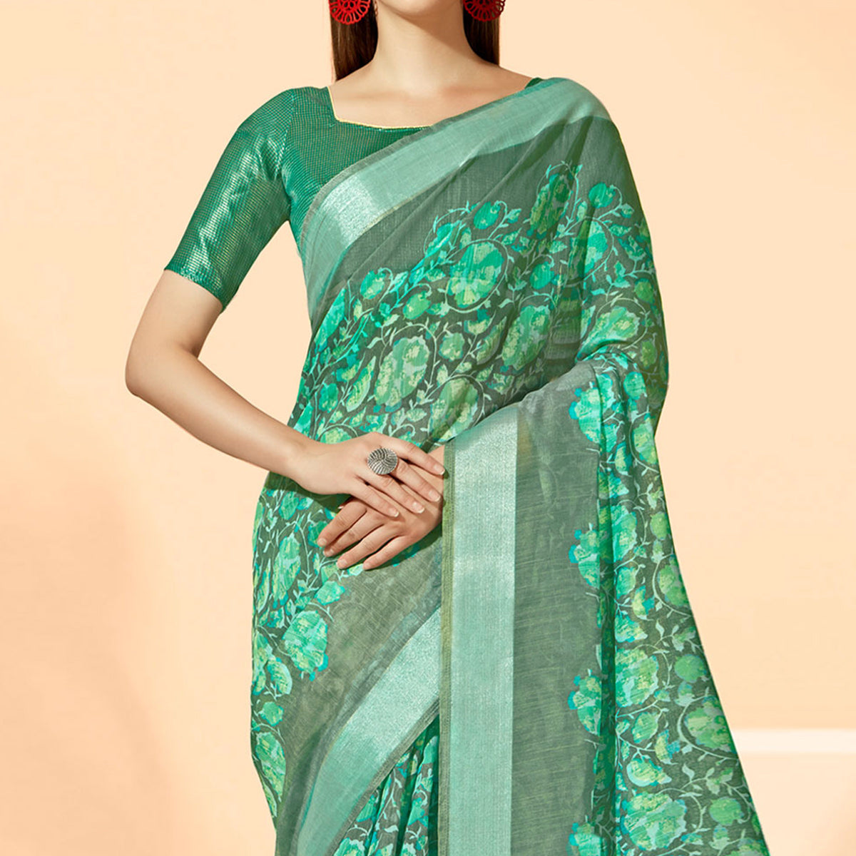 Green Printed Cotton Silk Saree With Tassels