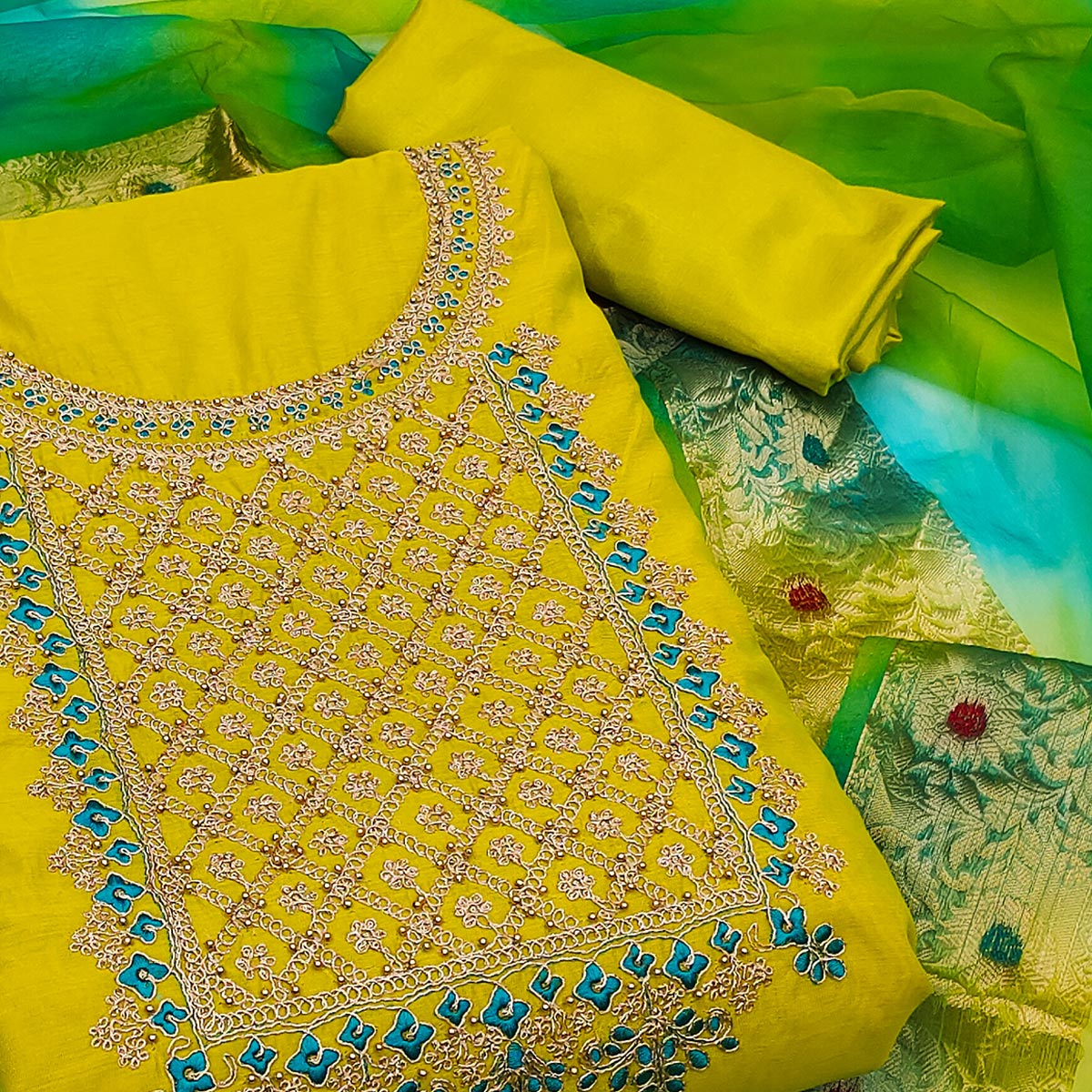 Lemon Green Embroidered Modal Dress Material