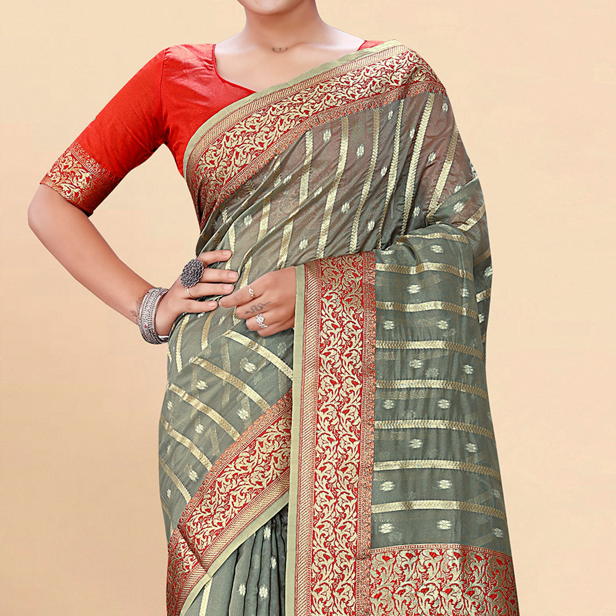 Grey Woven Organza Saree With Tassels