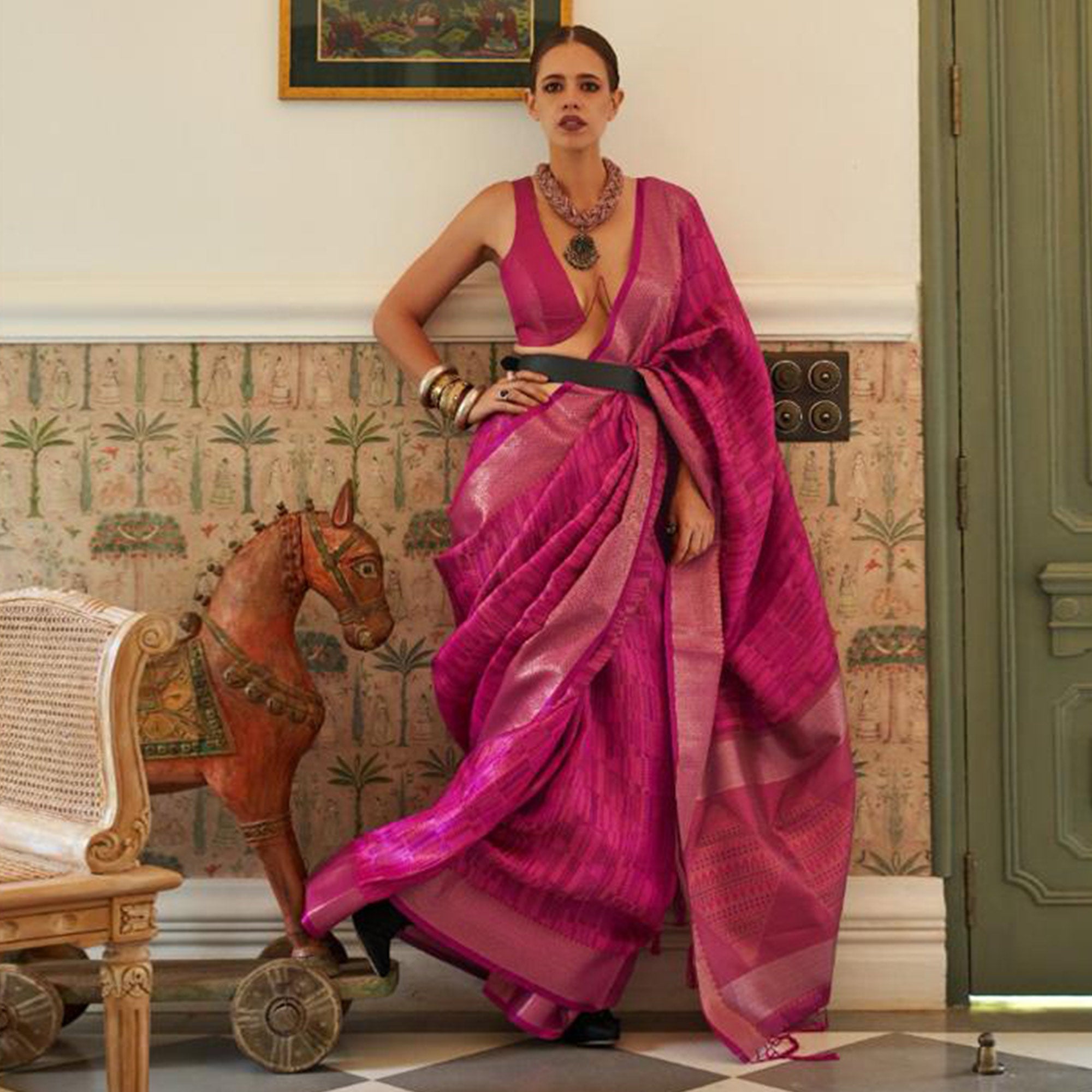 Rose Pink Woven Organza Saree With Tassels