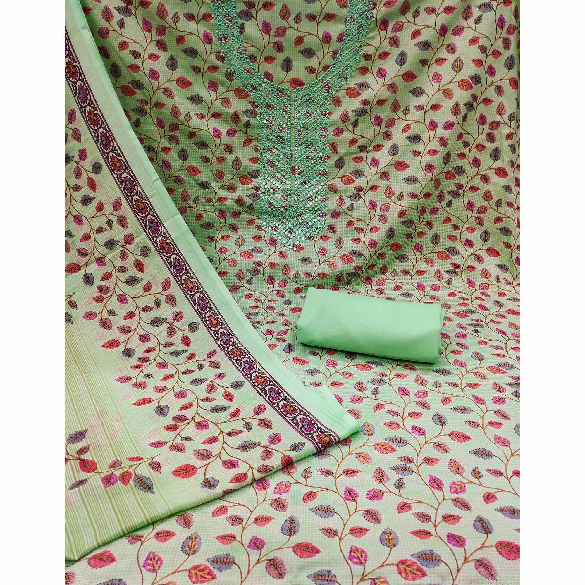 Green Floral Printed-Mirror Work Pure Cotton Dress Material