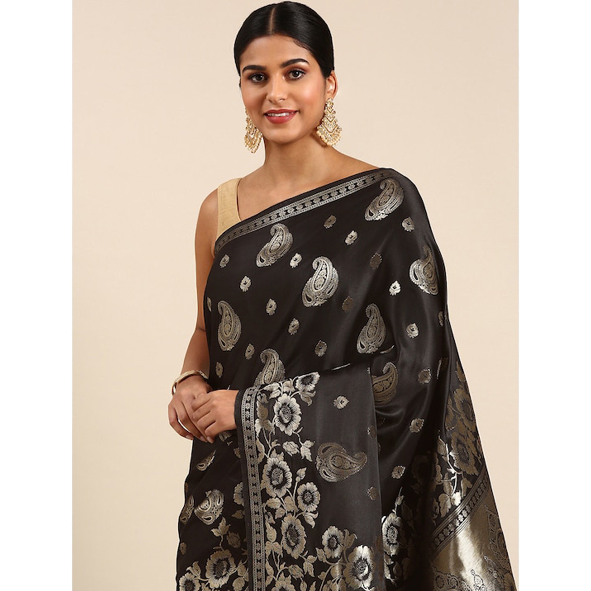 Black Woven Kanjivaram Silk Saree WithTassels