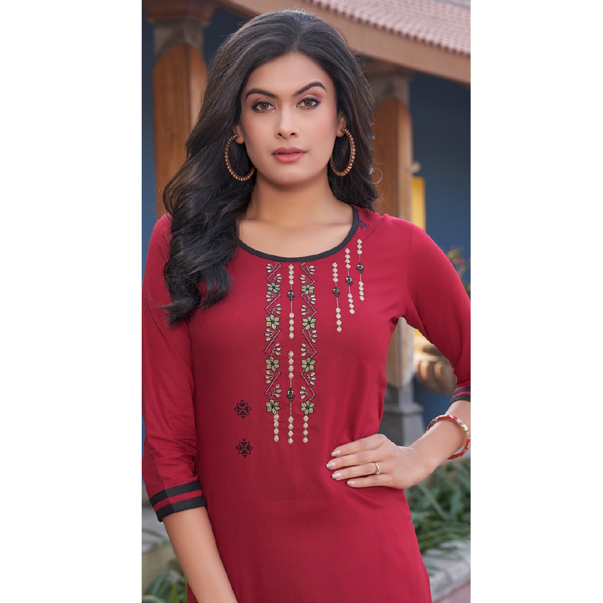 Maroon Embroidered Rayon Kurti