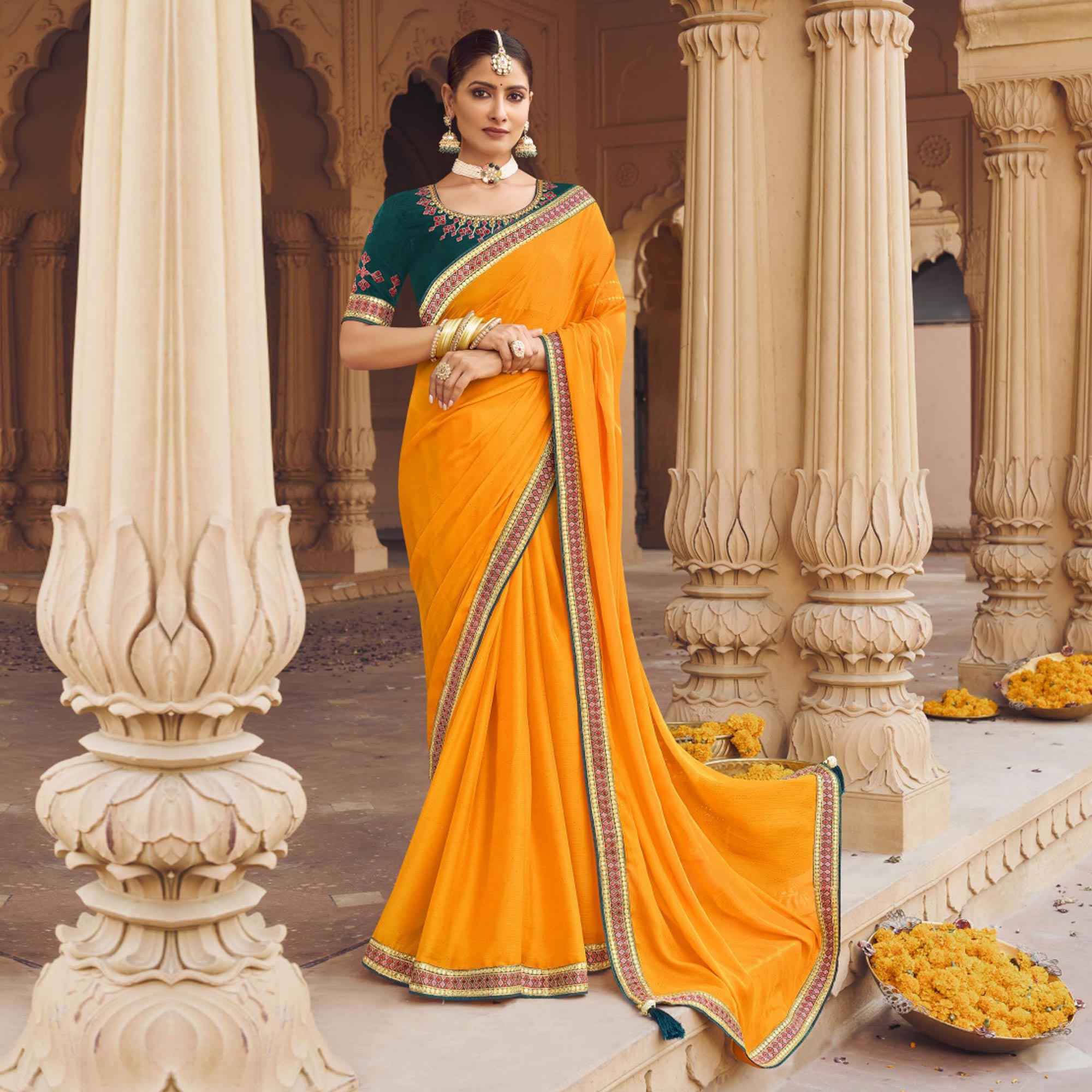 Mustard Embellished With Embroidered Border Satin Saree