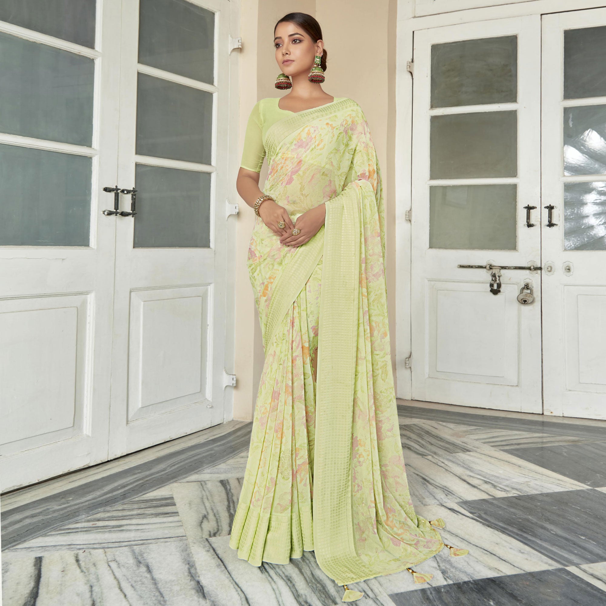 Green Printed Georgette Saree With Checks Border