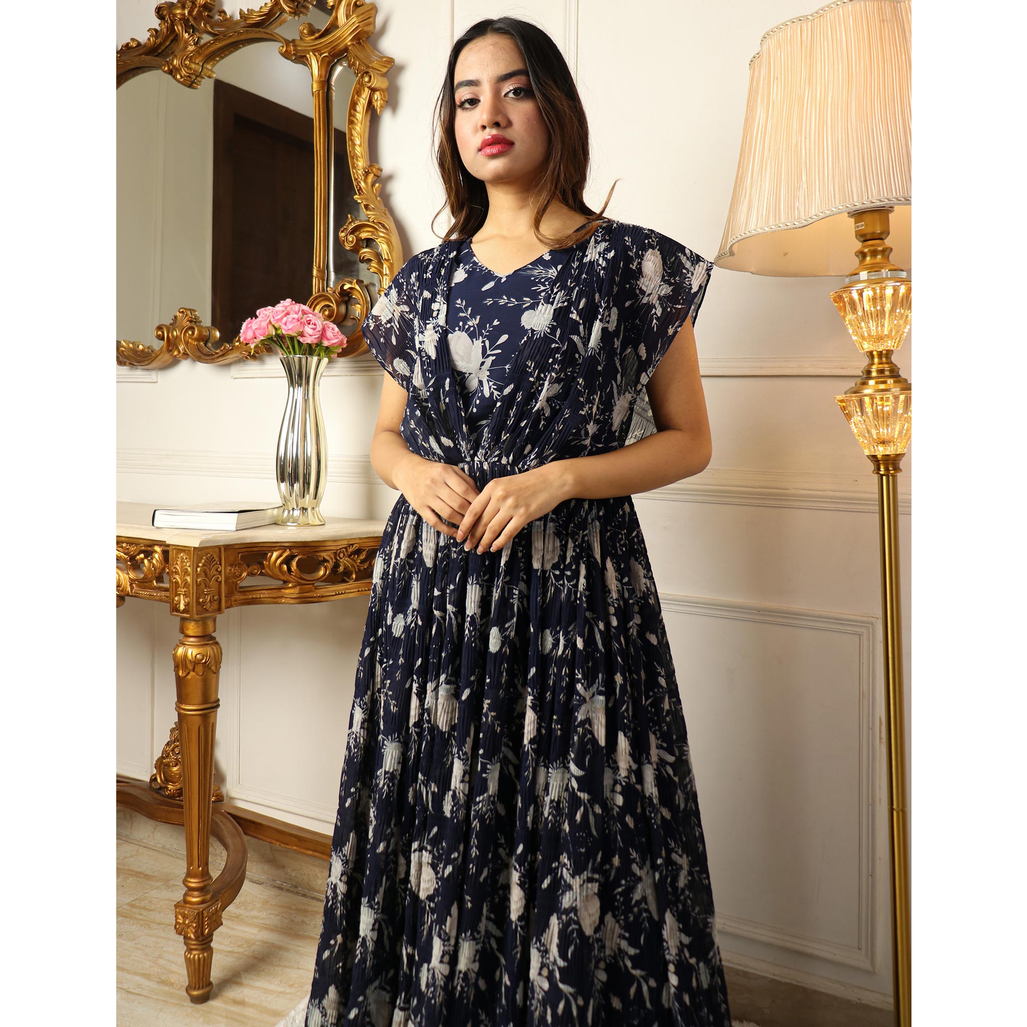 Blue Floral Printed Georgette Gown