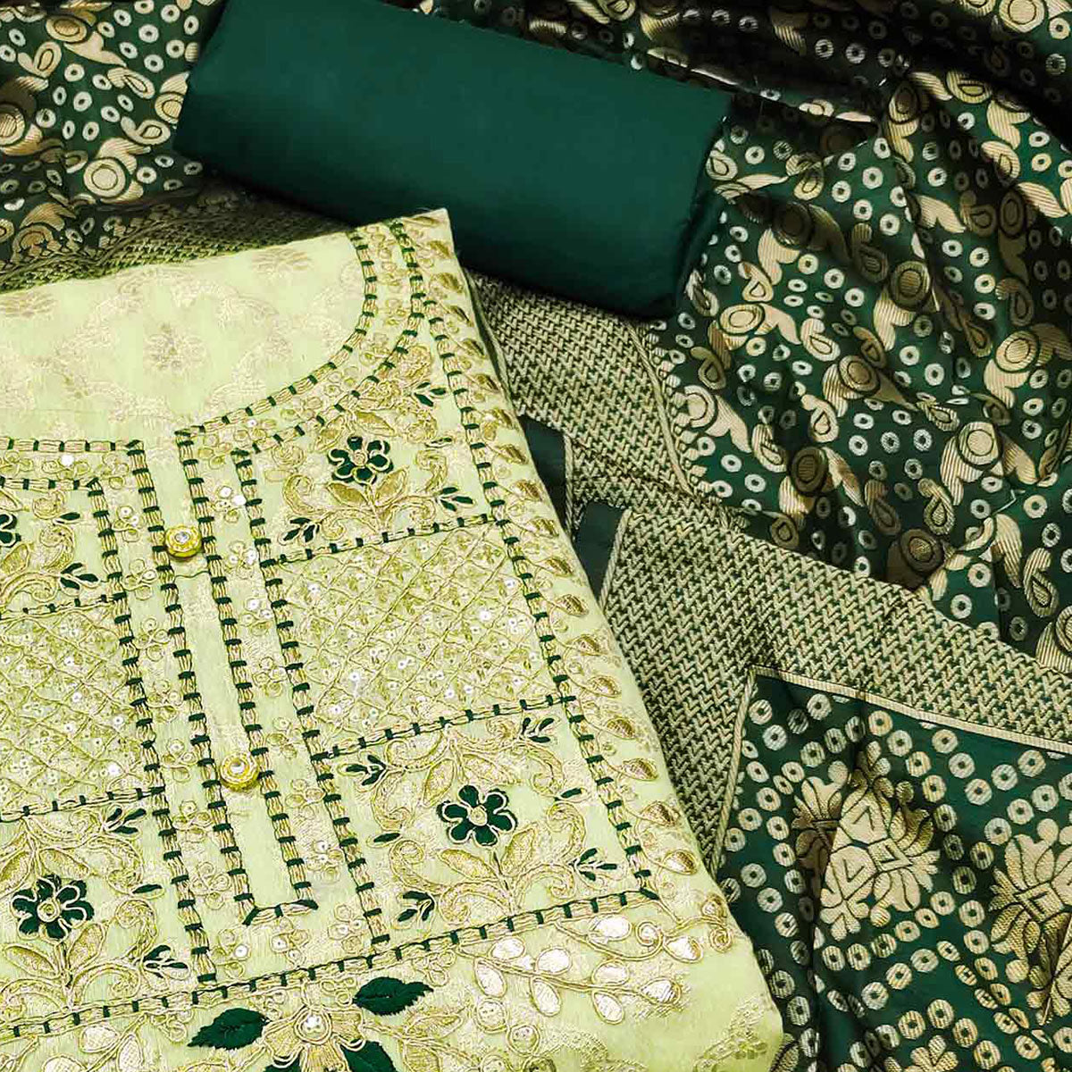 Green Woven With Embroidered Chanderi Dress Material