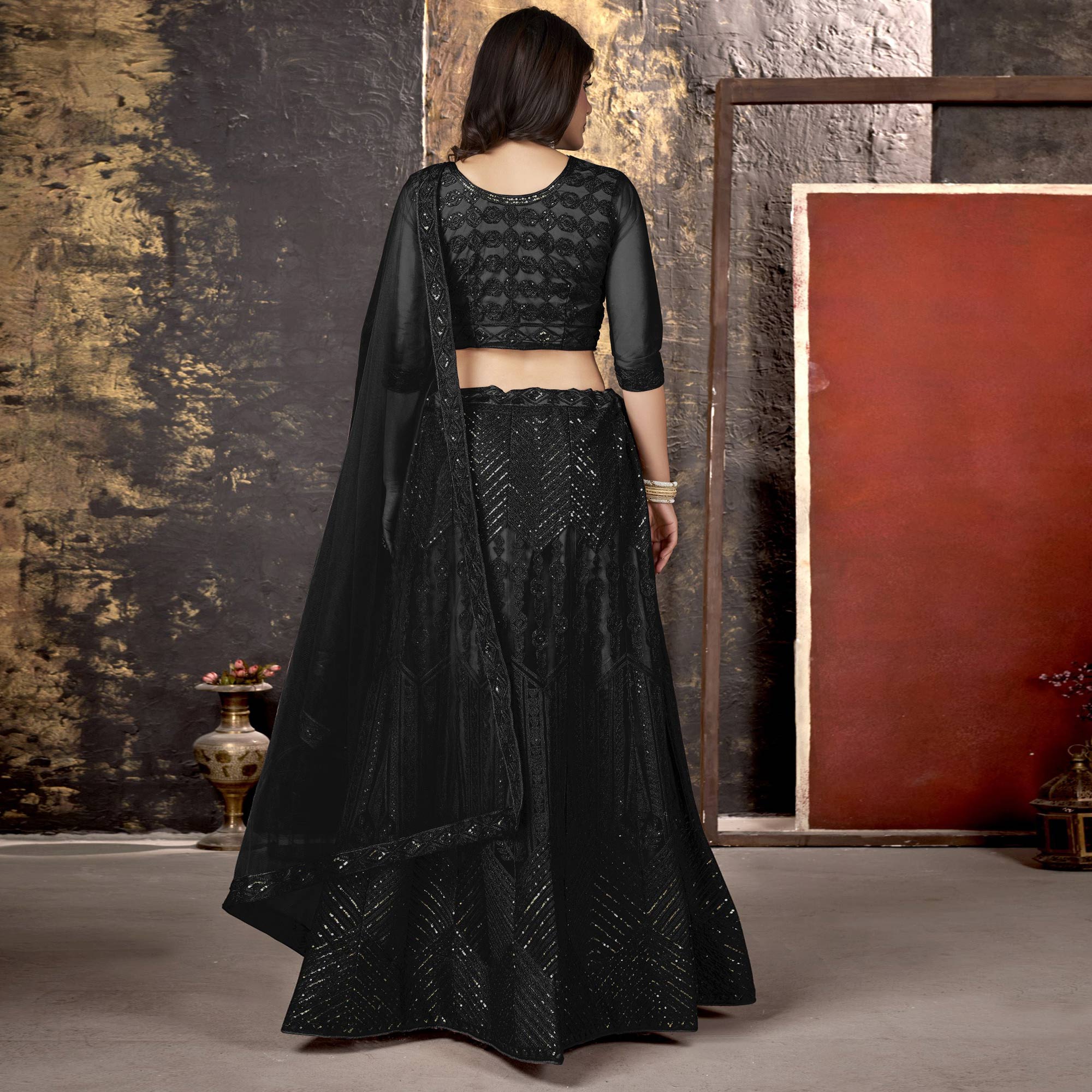 Black Sequins Embroidered Net Lehenga Choli