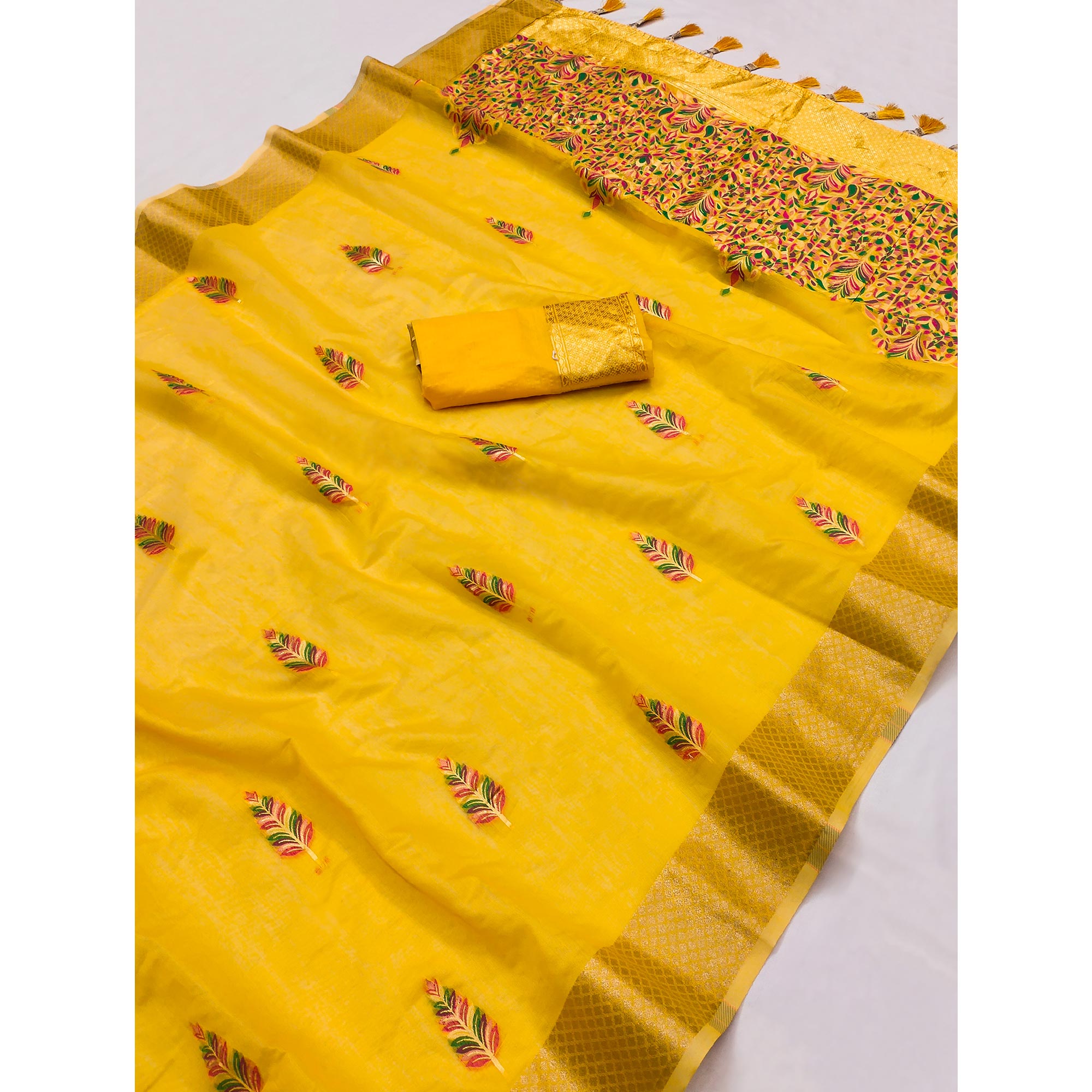 Yellow Woven Art Silk Saree With Tassels