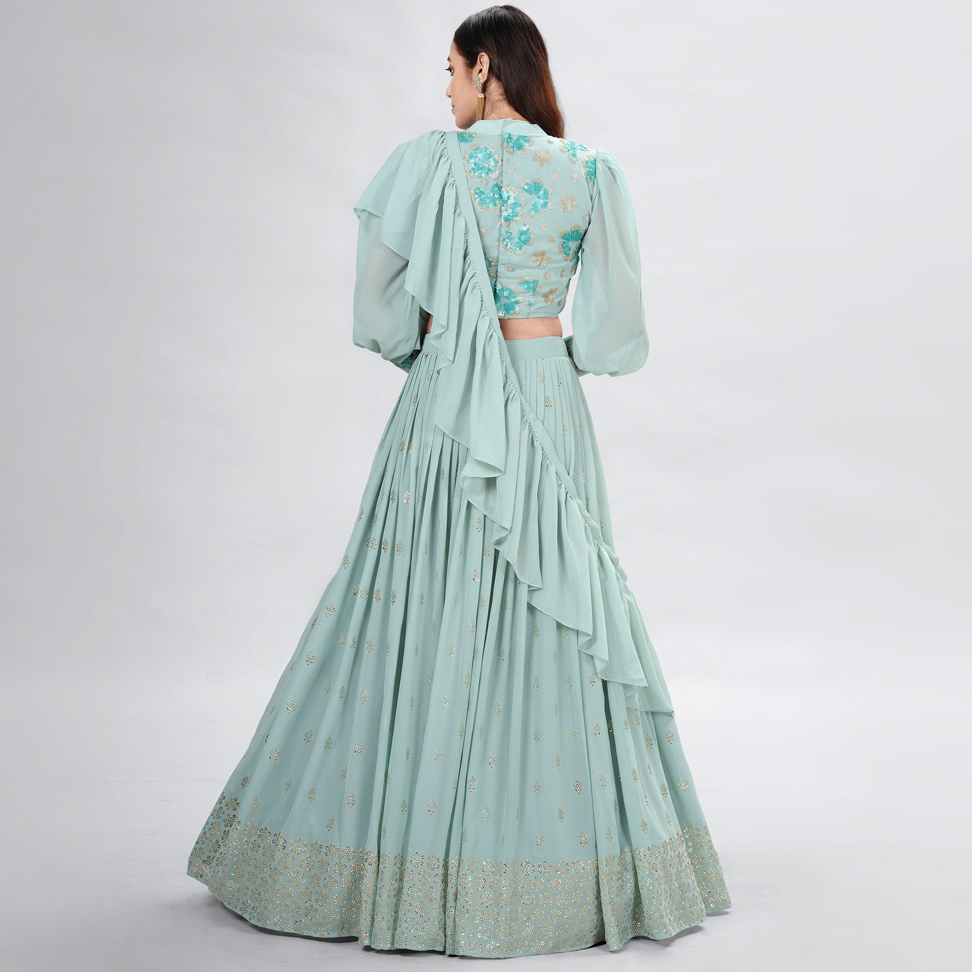 Aqua Green Embellished With Embroidered Georgette Lehenga Choli