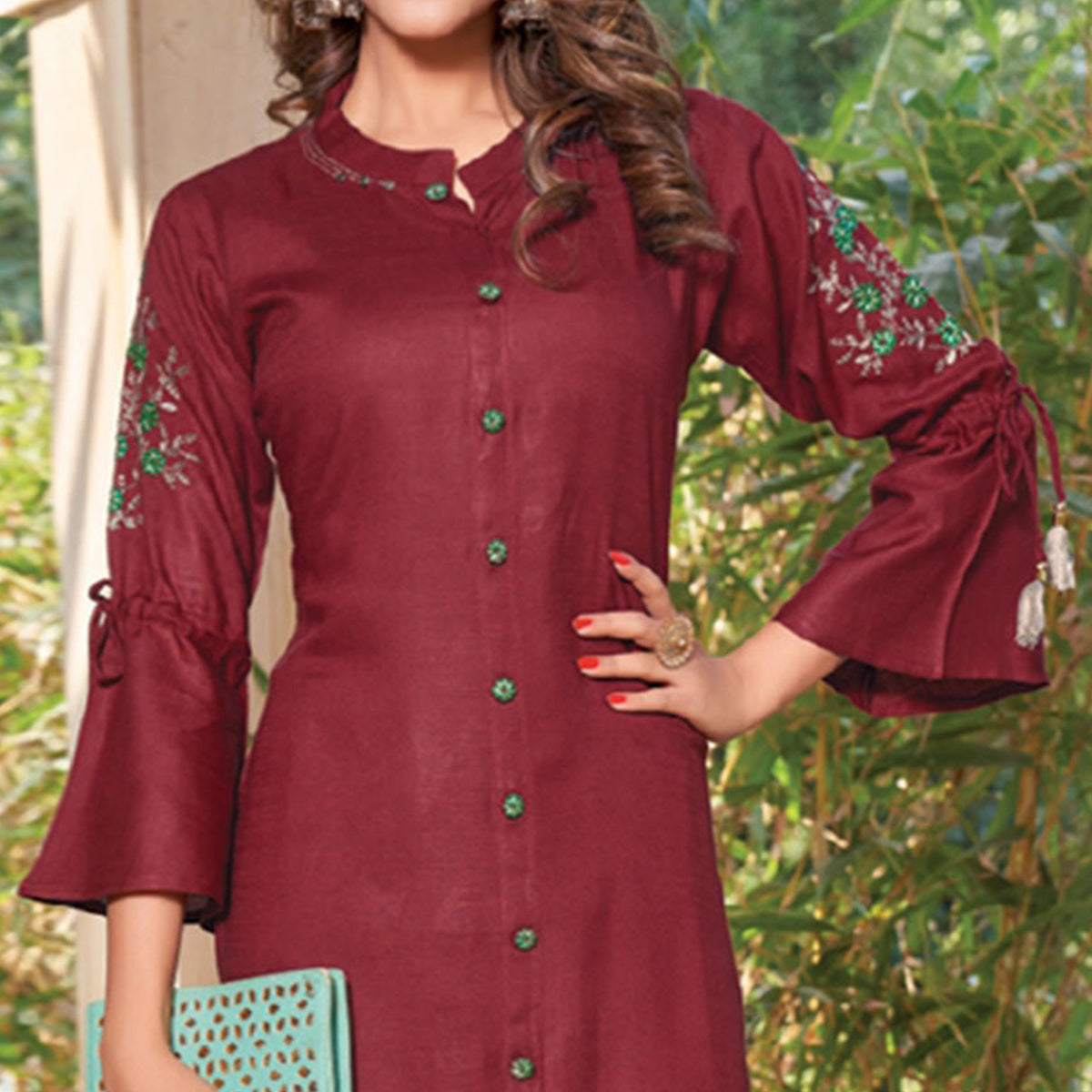 Maroon Floral Embroidered Rayon Kurti