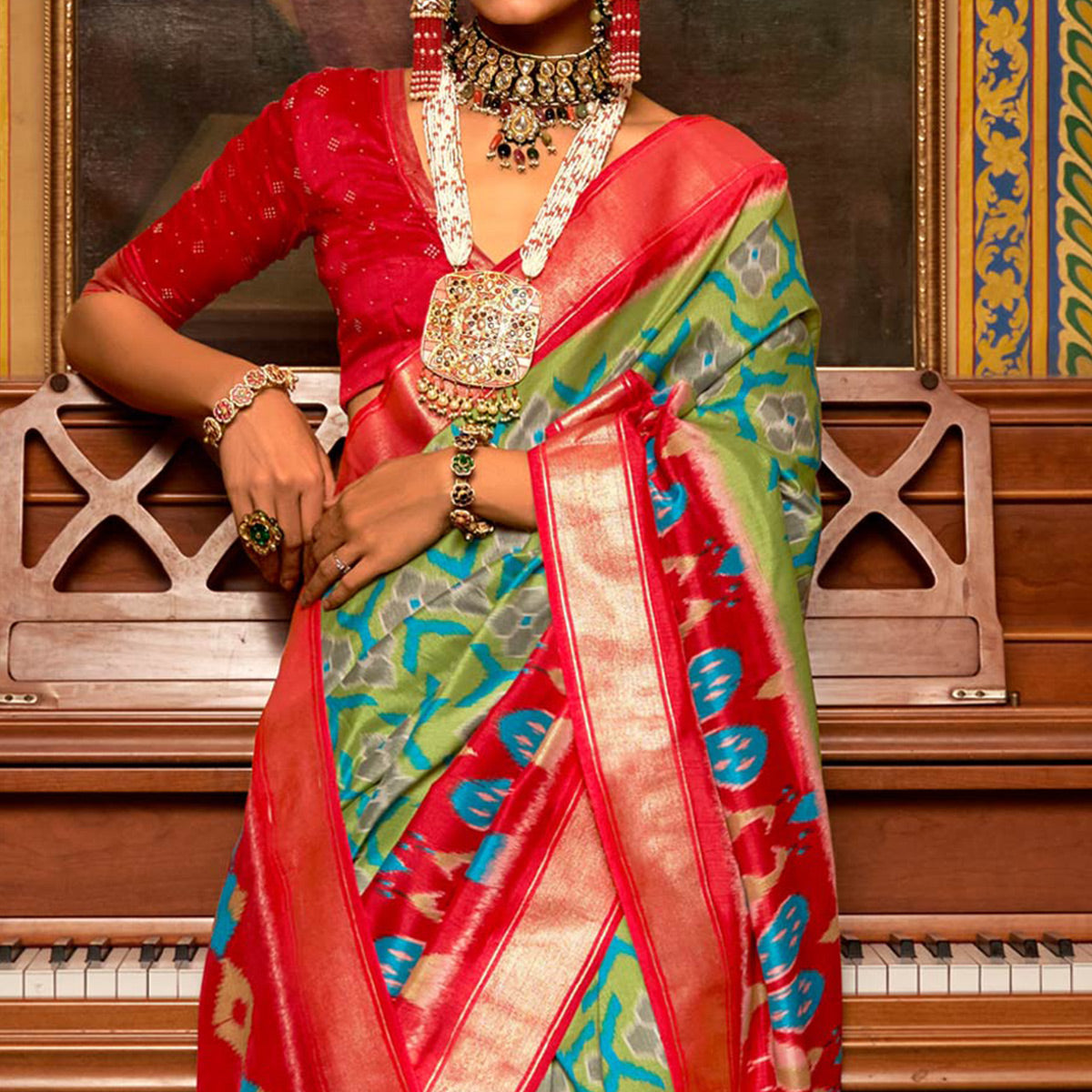 Green & Red Printed Art Silk Saree