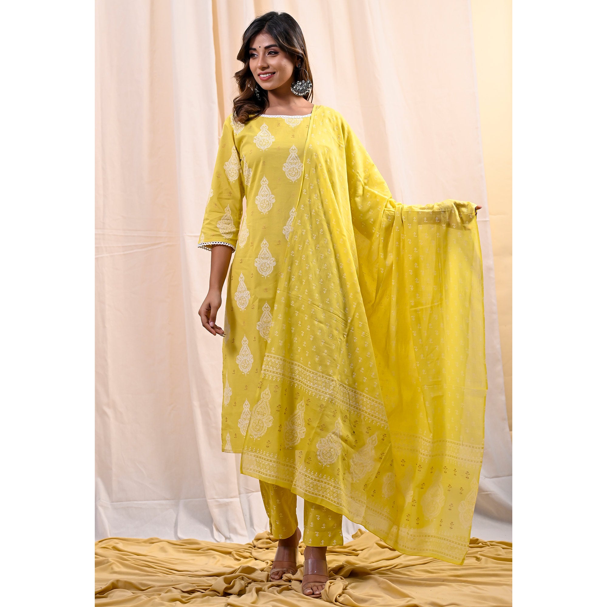 Yellow Printed Pure Cotton Salwar Suit