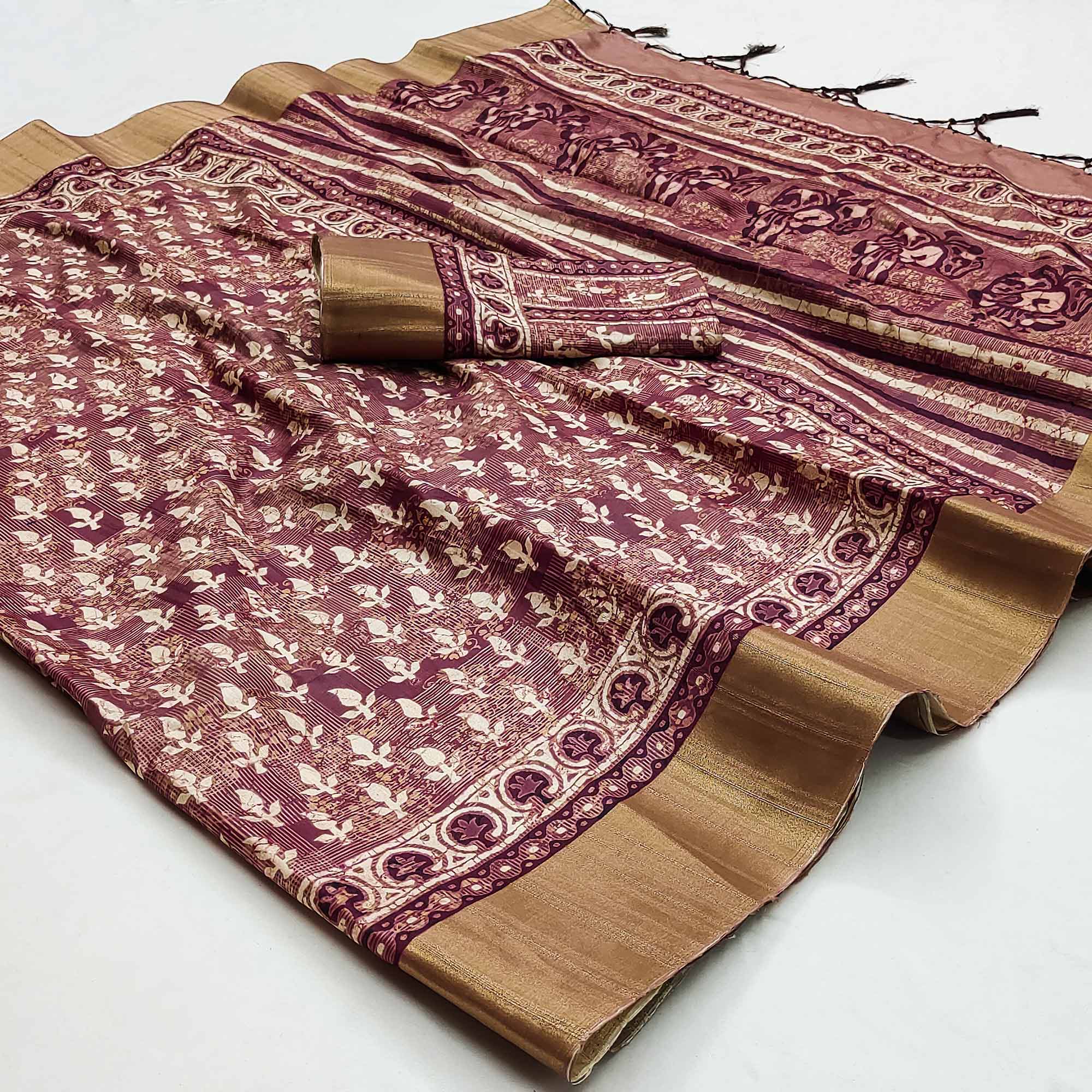 Wine Floral Digital Printed Matka Tussar Silk Saree With Tassels