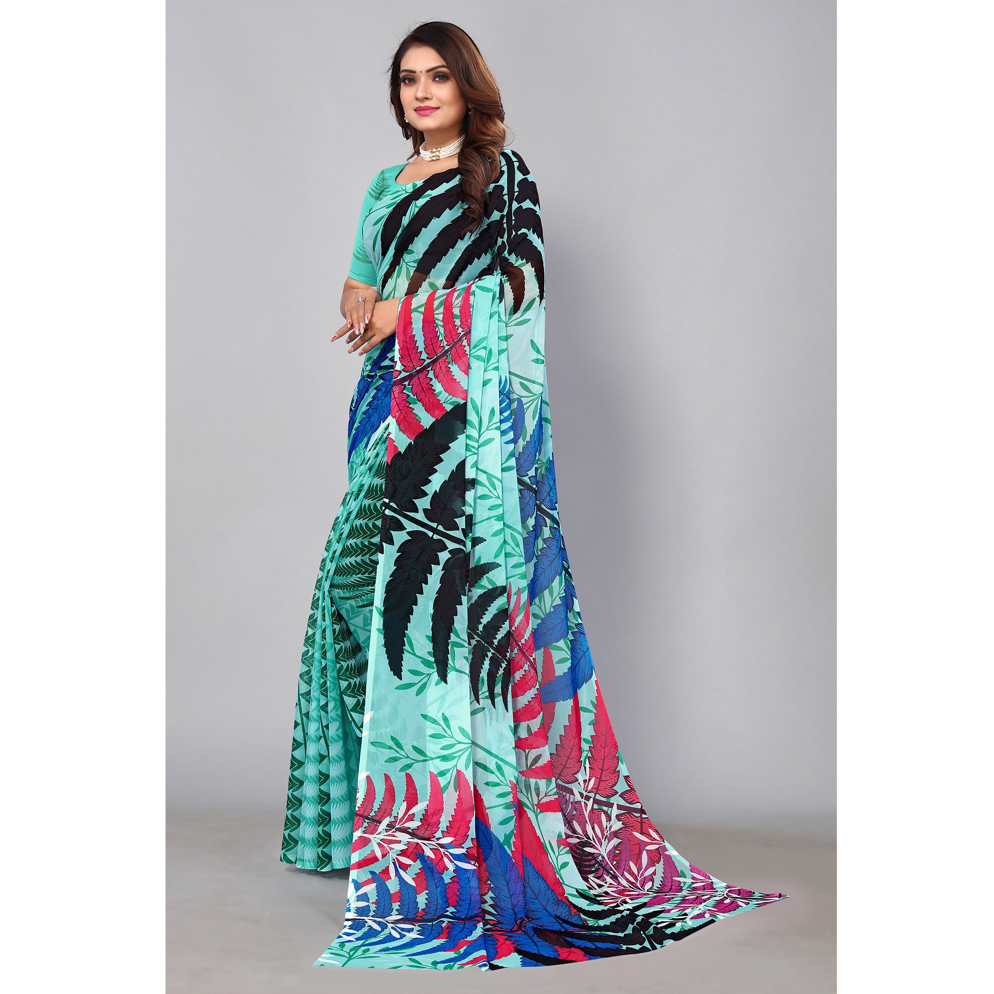 Turquoise Digital Printed Georgette Saree