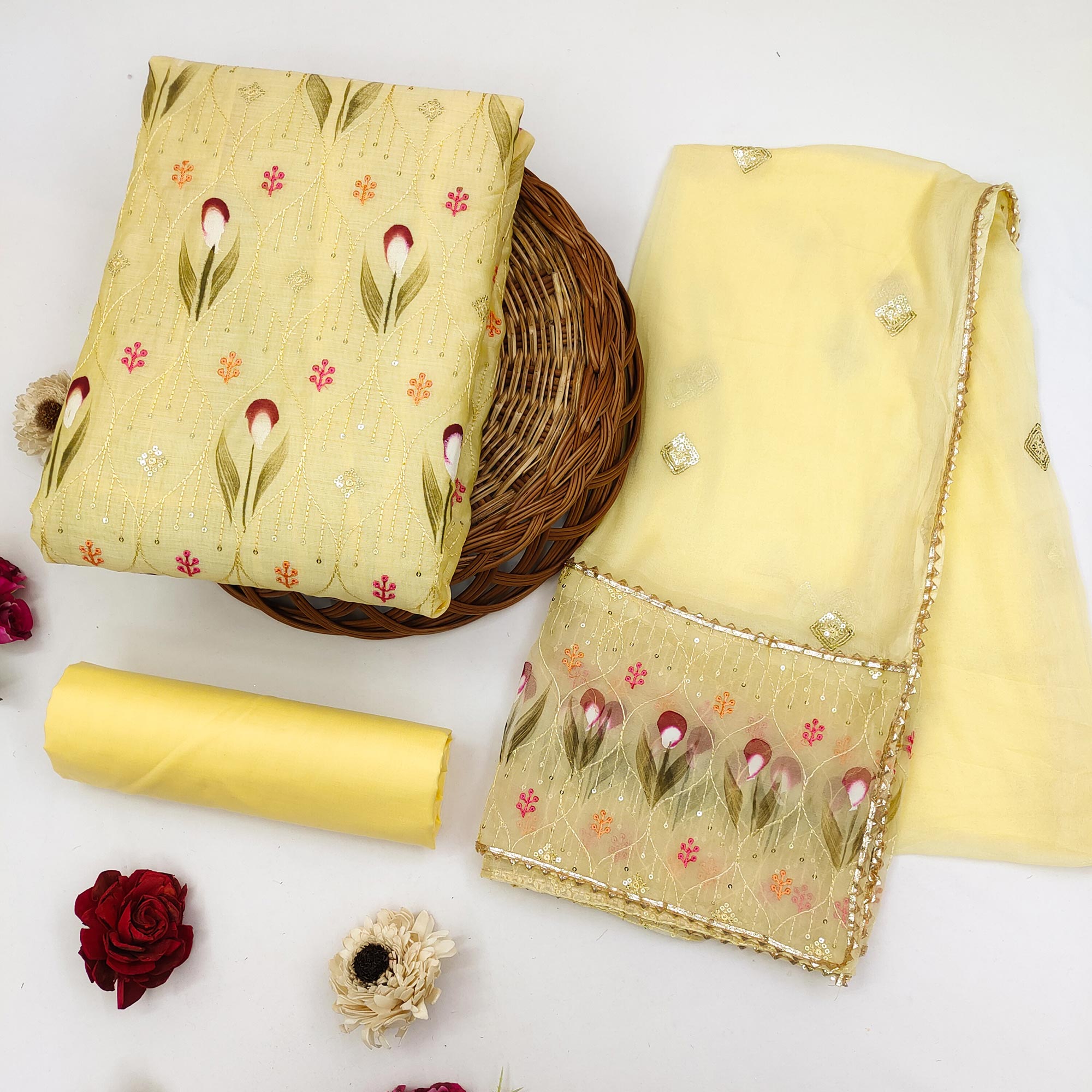 Yellow Sequins  Embroidered Chanderi Dress Material