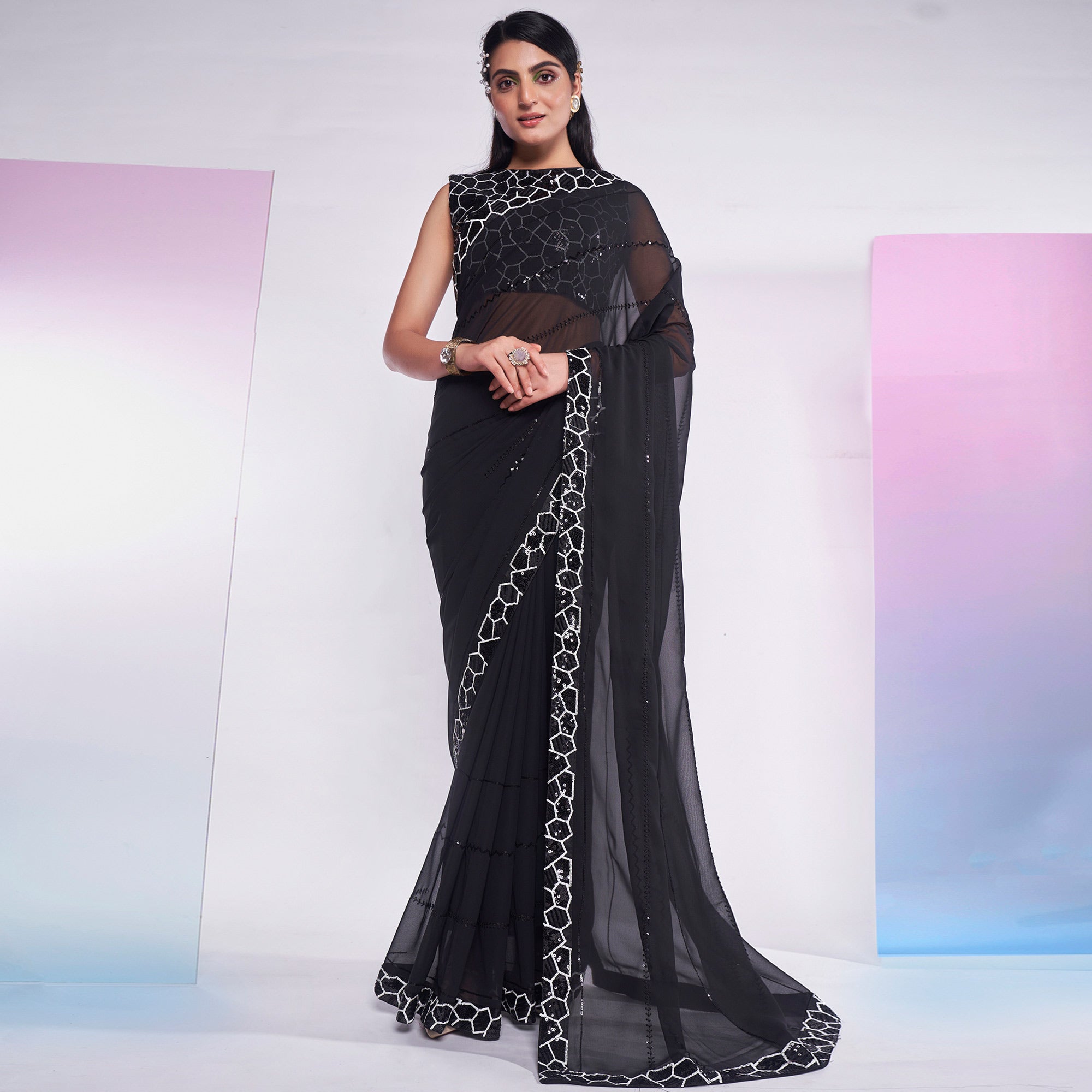 Black Sequins Embroidered Georgette Saree