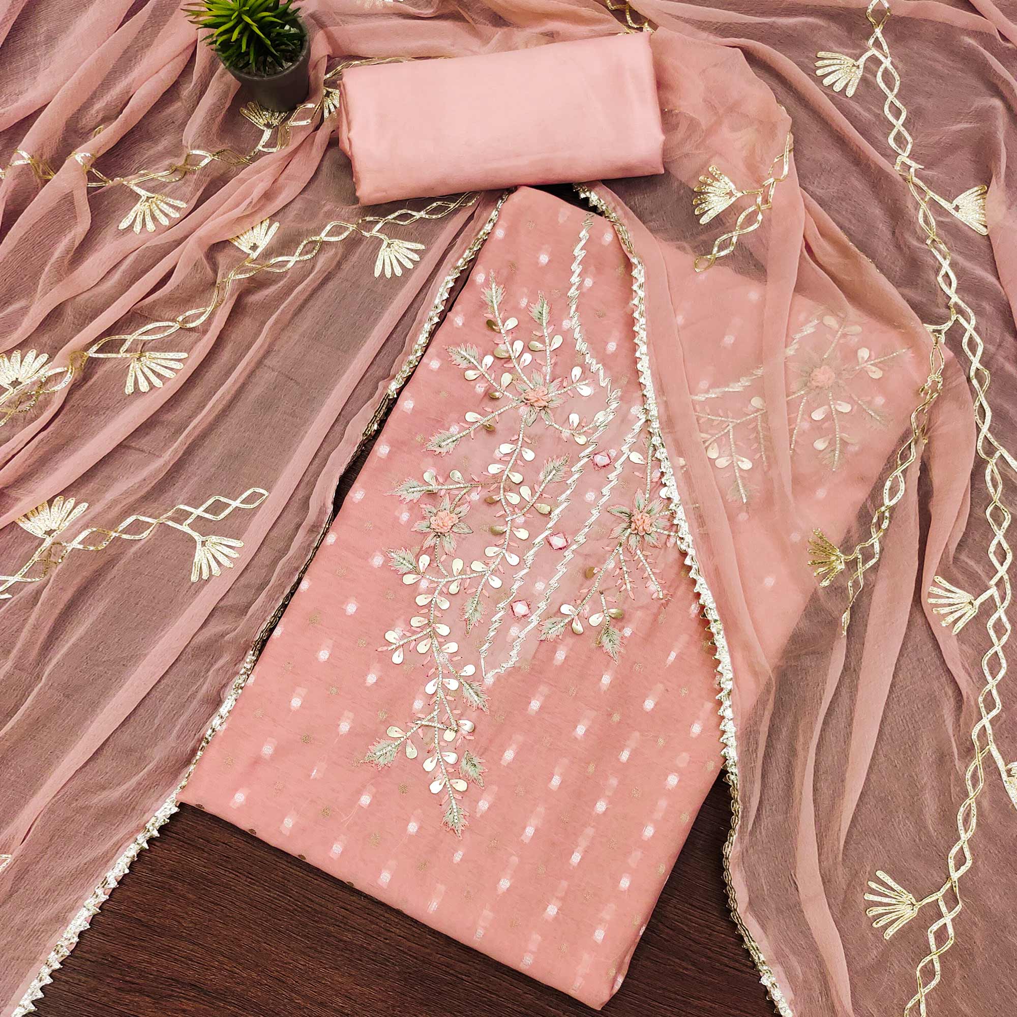 Pink Woven Chanderi Dress Material