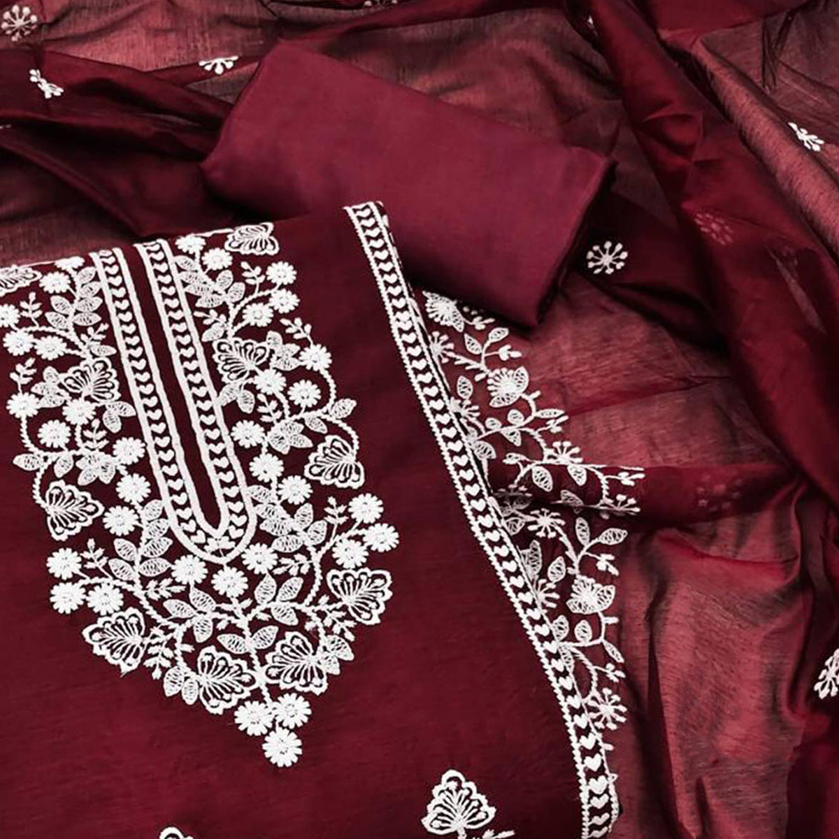 Maroon Floral Embroidered Chanderi Dress Material