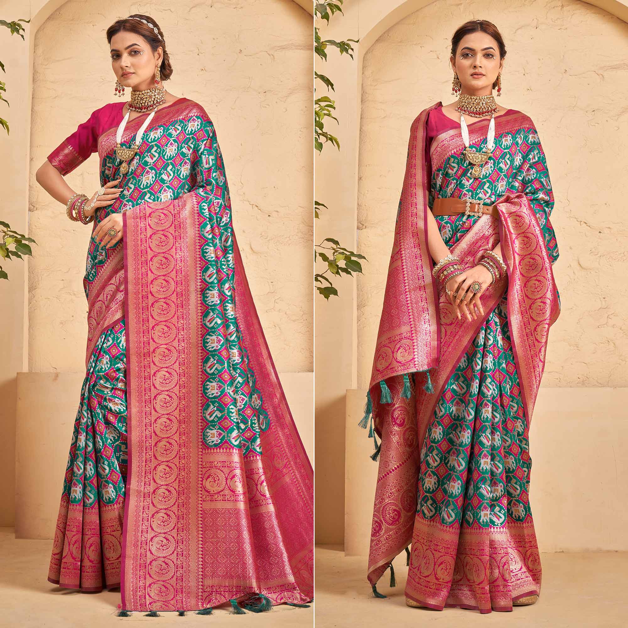 Rama Green Woven Patola Art Silk Saree With Tassels