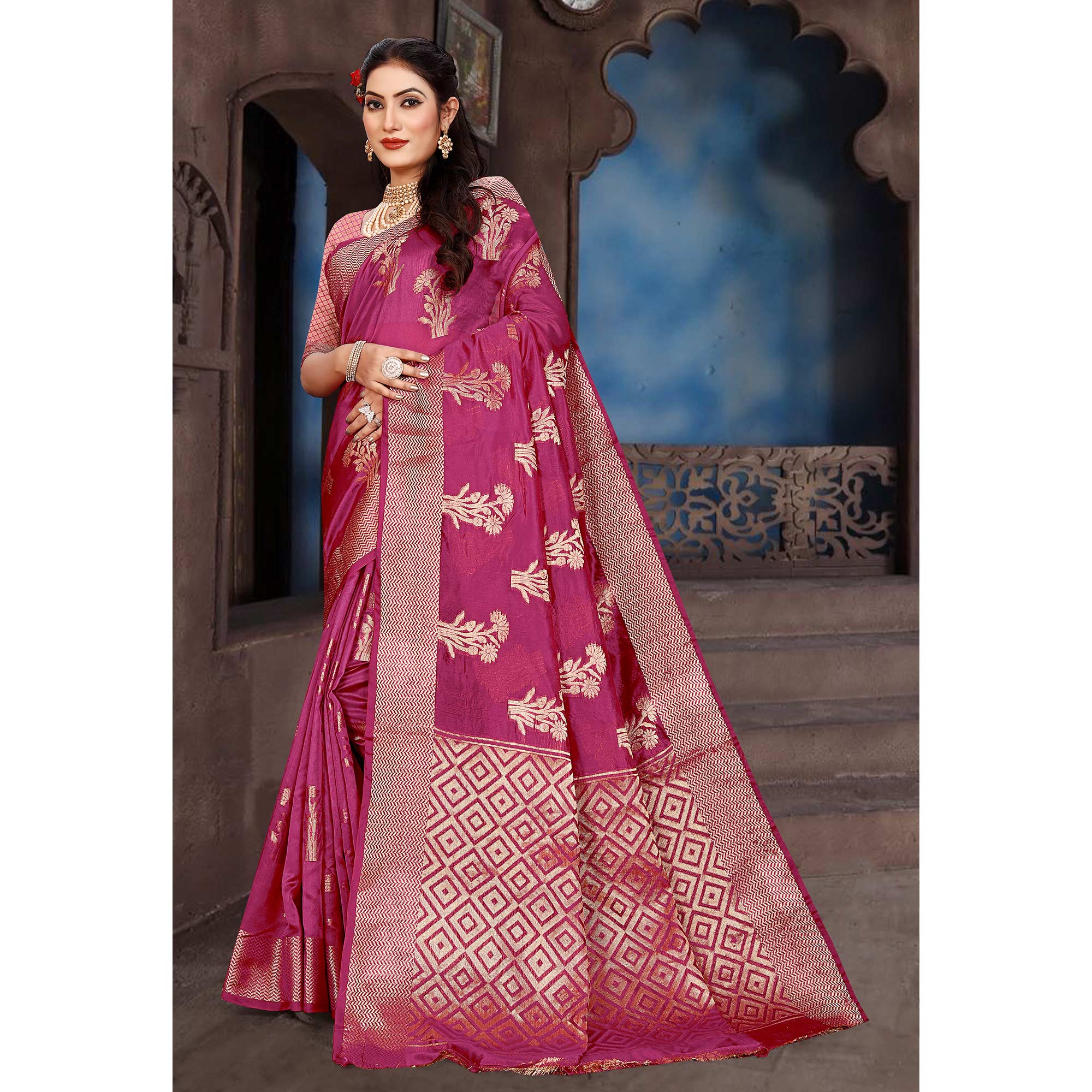 Rani Pink Floral Woven Organza Saree