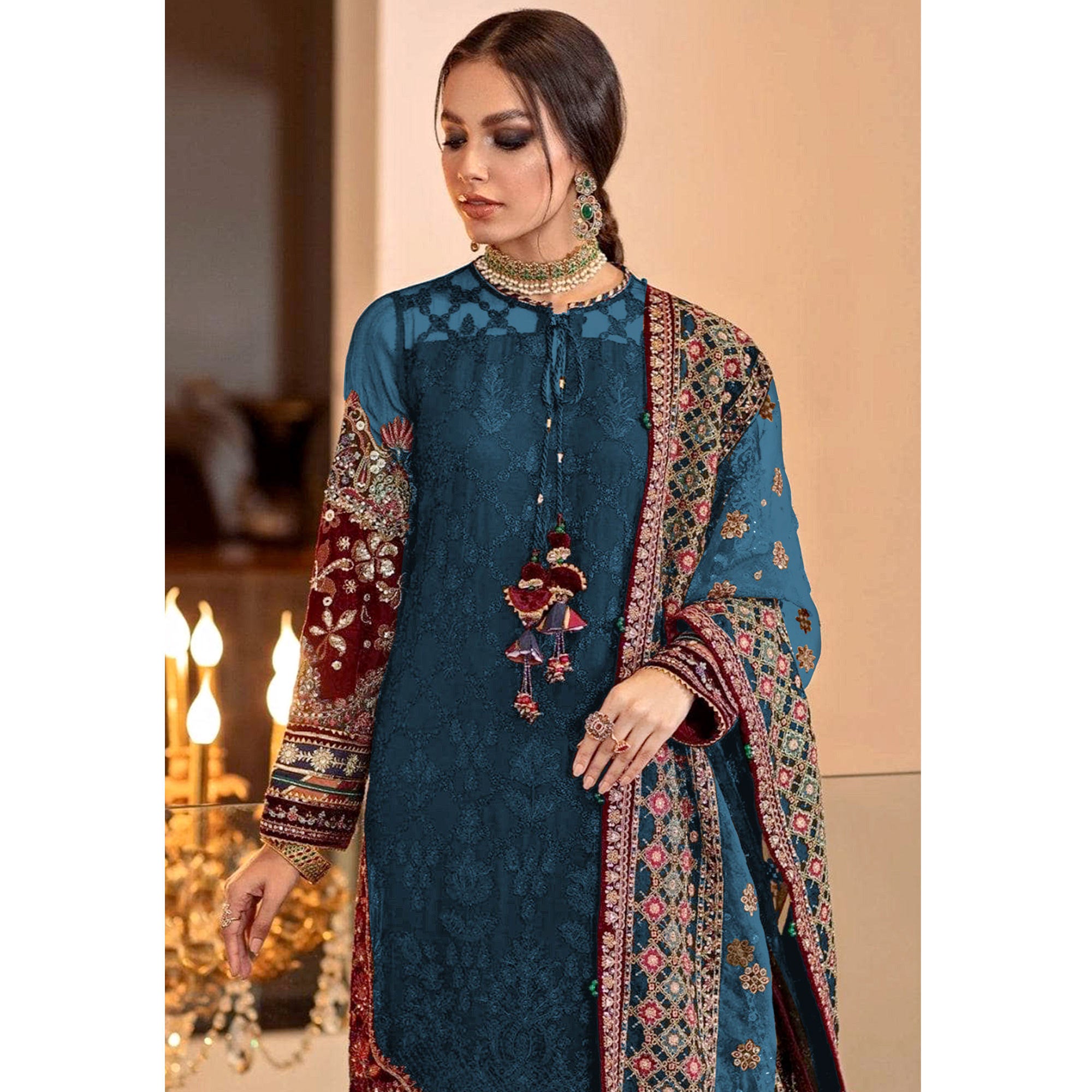 Rama Blue Sequins Embroidered Georgette Pakistani Suit