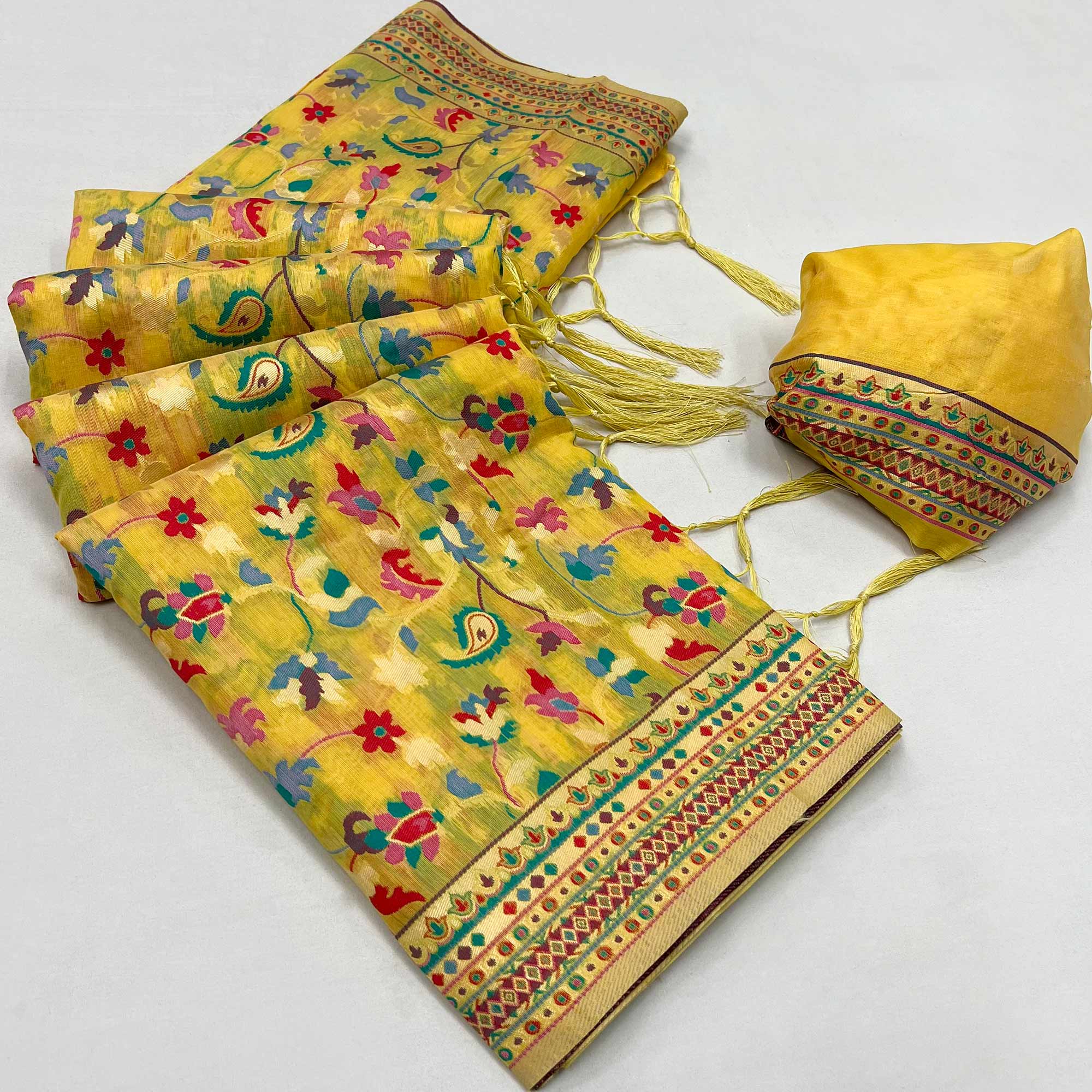 Yellow Floral Woven Chanderi Saree