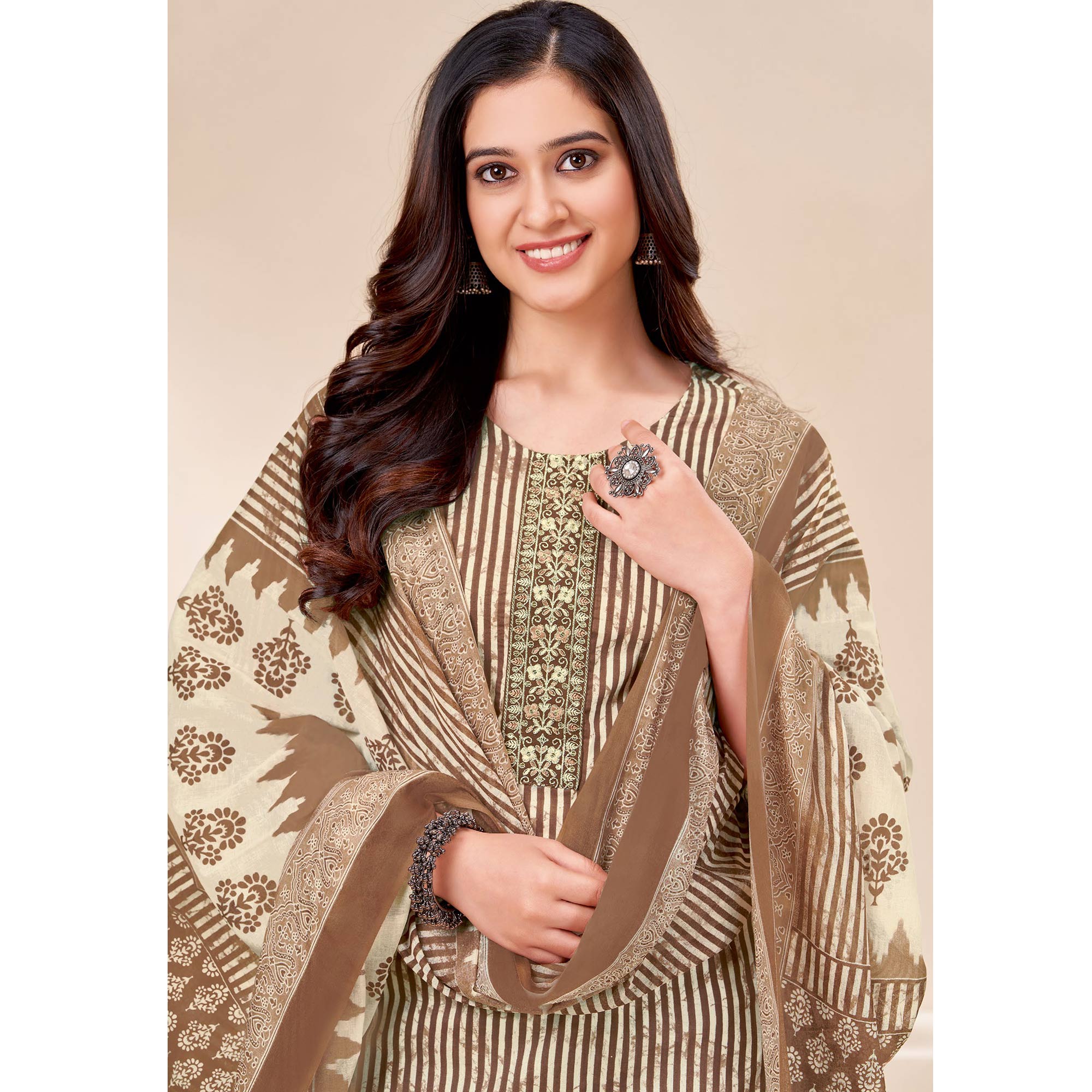 Brown Printed With Tie Embroidered Pure Cotton Suit