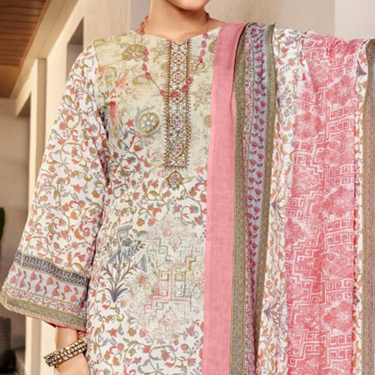 White & Pink Floral Print With Embroidered Pure Cotton Salwar Suit