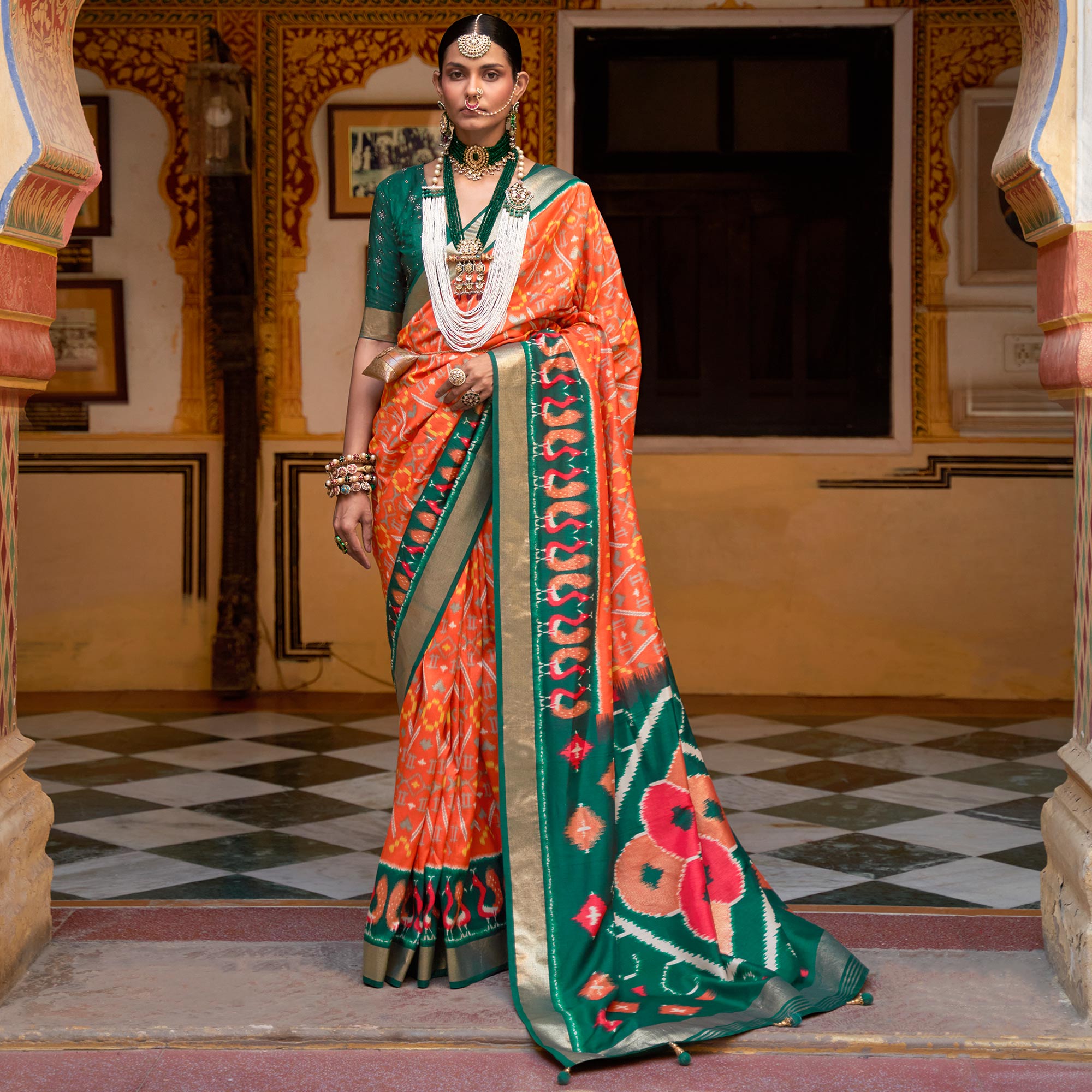 Orange & Bottle Green Printed Art Silk Saree