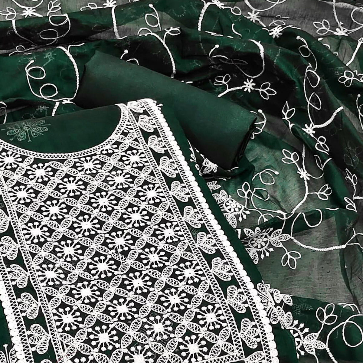 Bottle Green Floral Embroidered Chanderi Dress Material