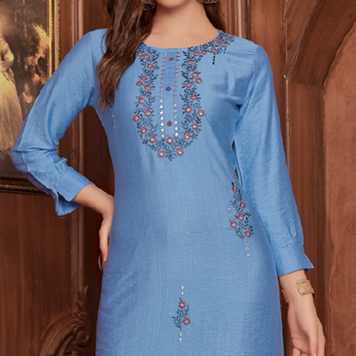 Blue Floral Embroidered Rayon Kurti