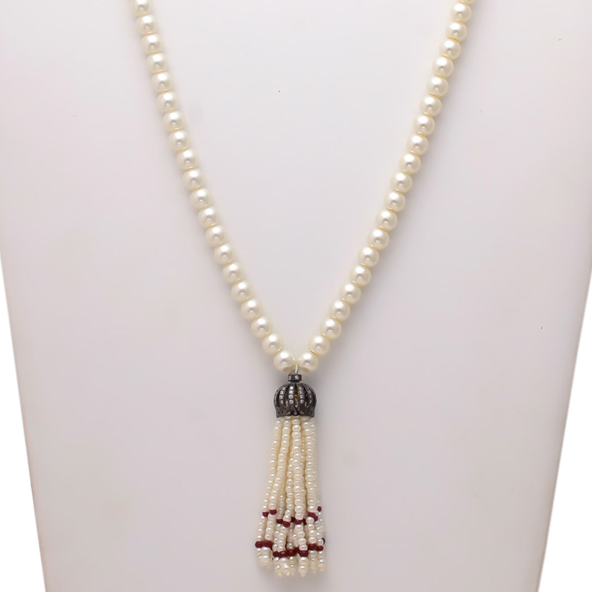 White Pearl Mala With Red Hangings