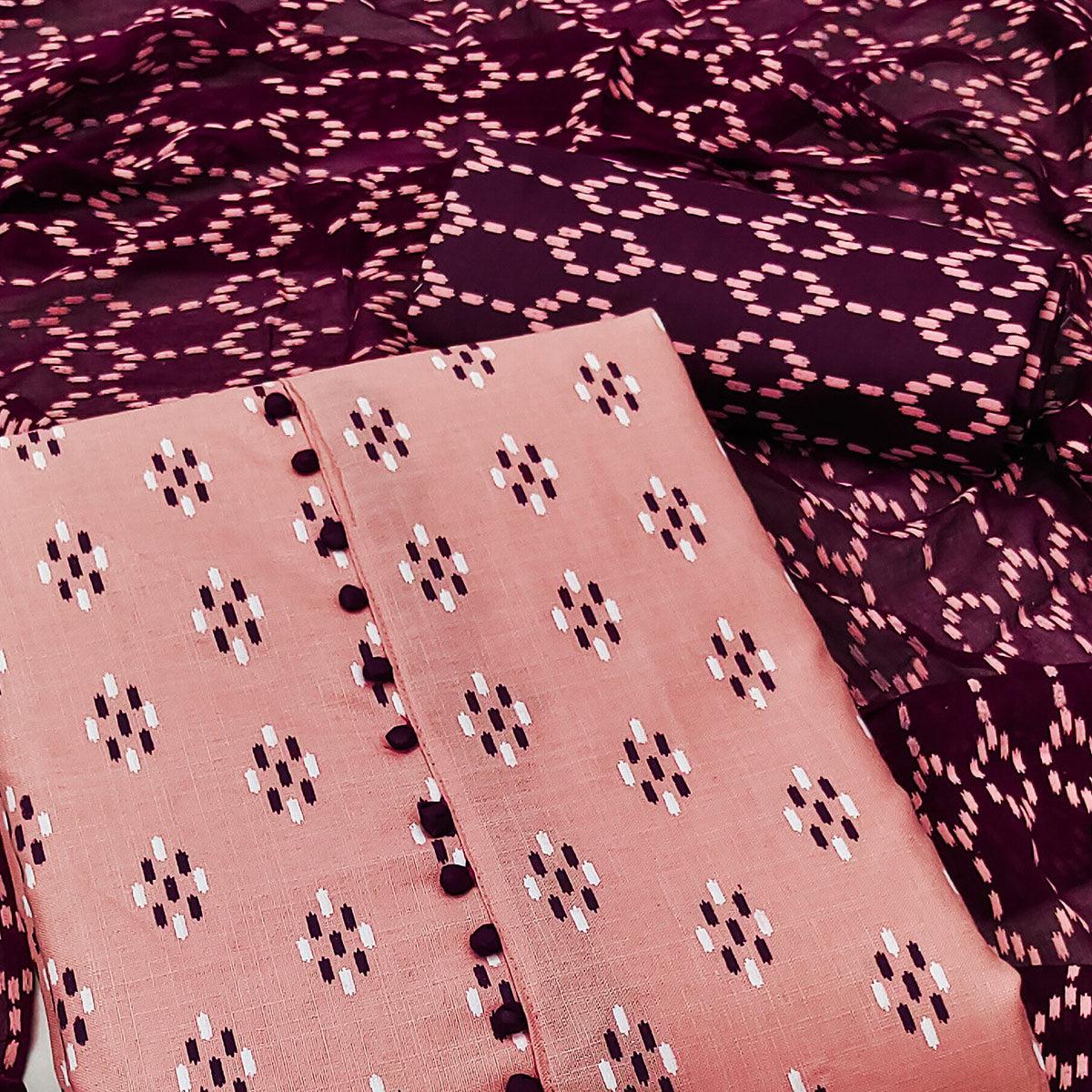 Peach Printed Cotton Blend Dress Material