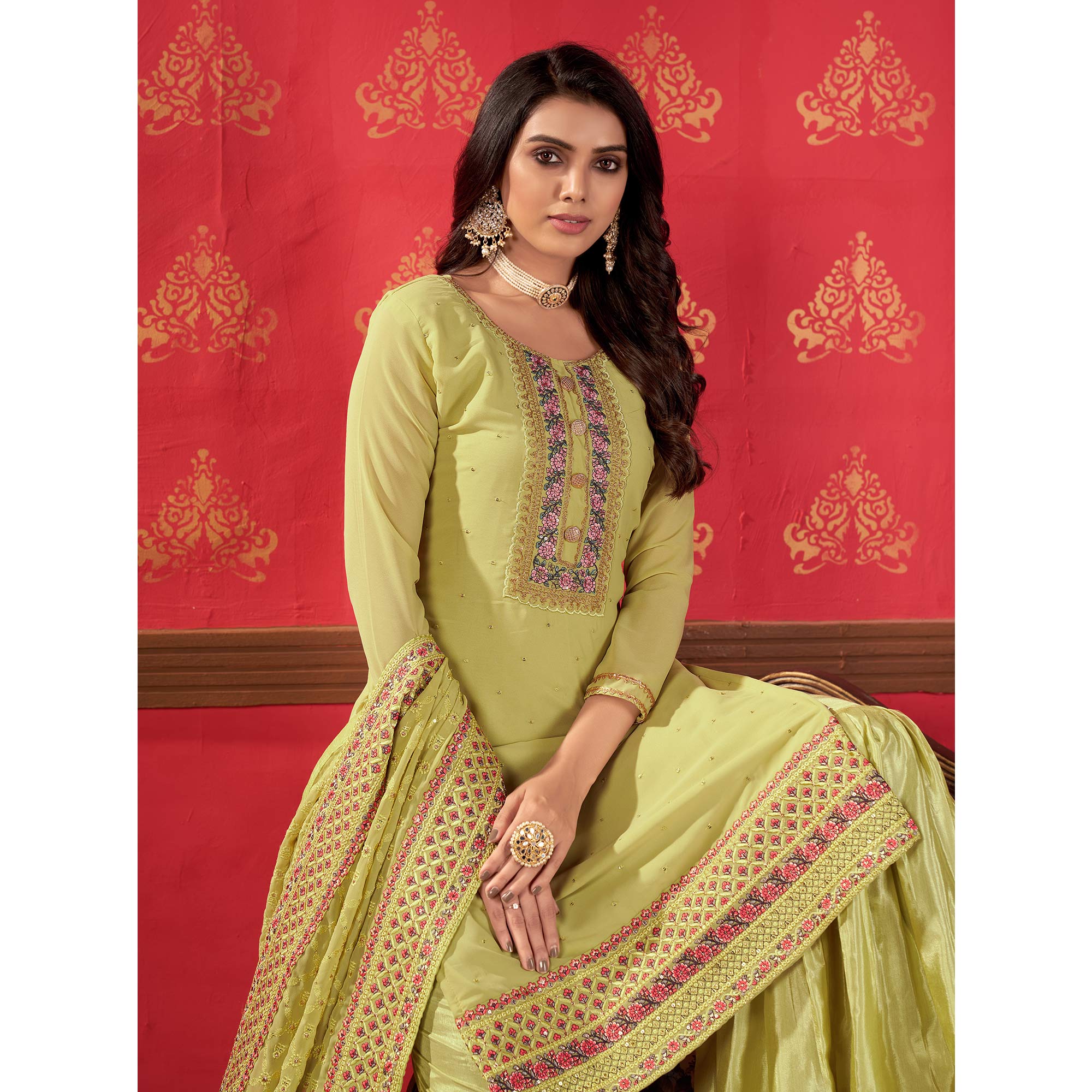 Pista Green Embroidered Georgette Sharara Suit