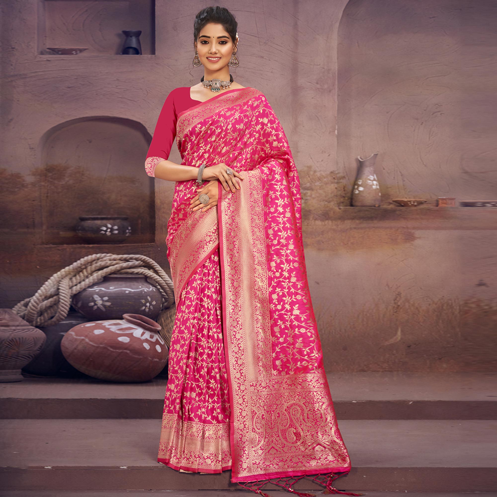 Pink Floral Woven Art Silk Saree