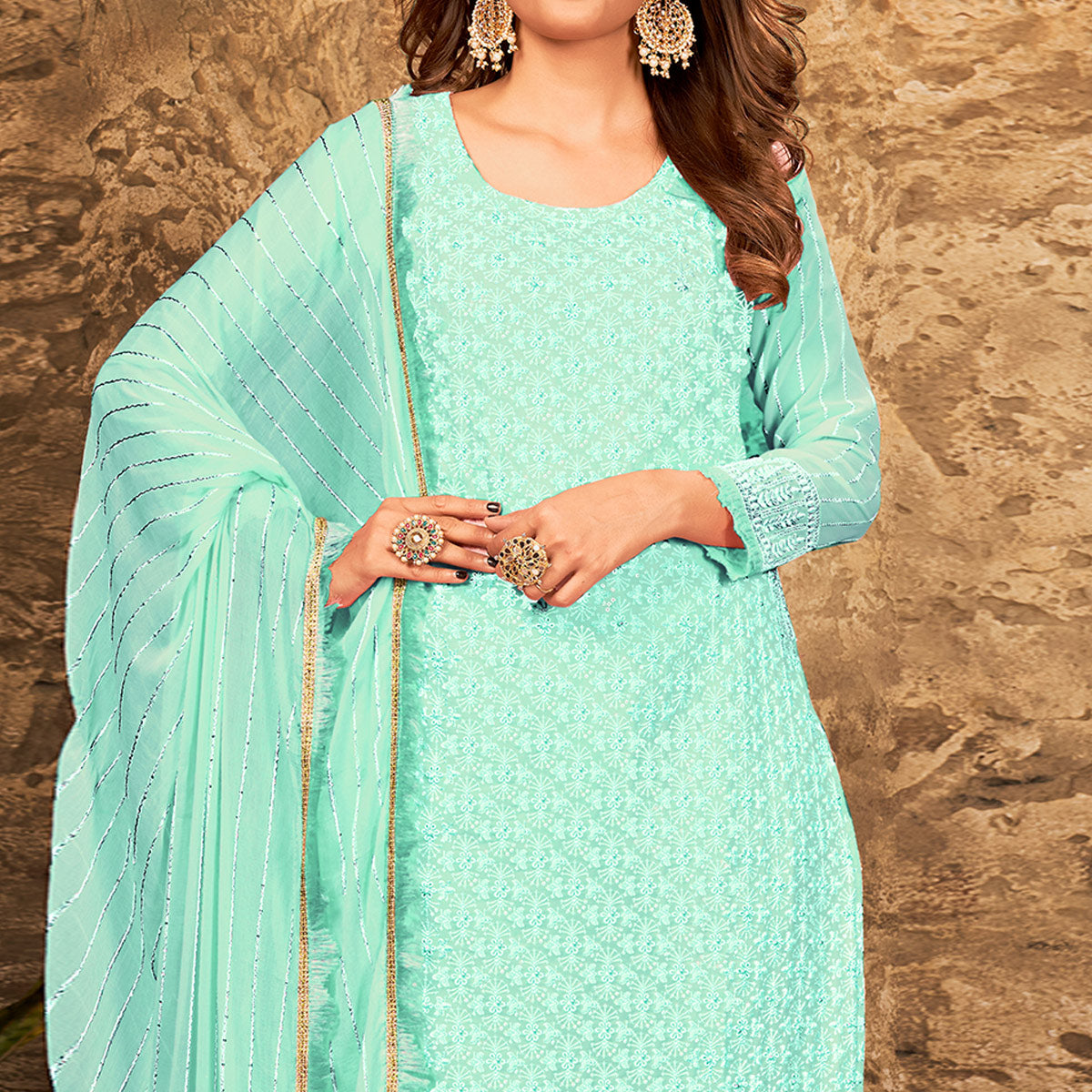 Sea Green Floral Sequins Embroidered Georgette Suit