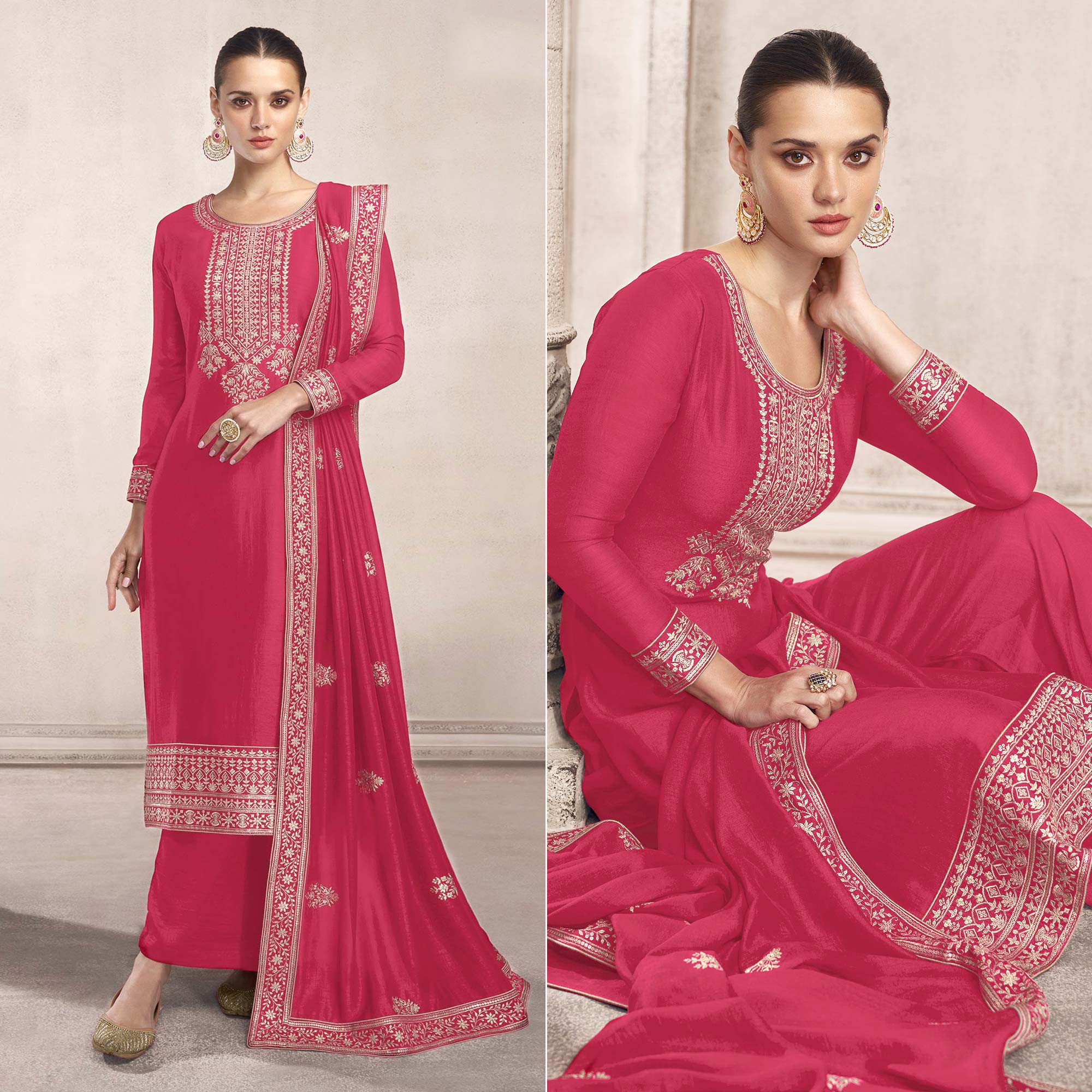 Red Embroidered Dola Silk Salwar Suit