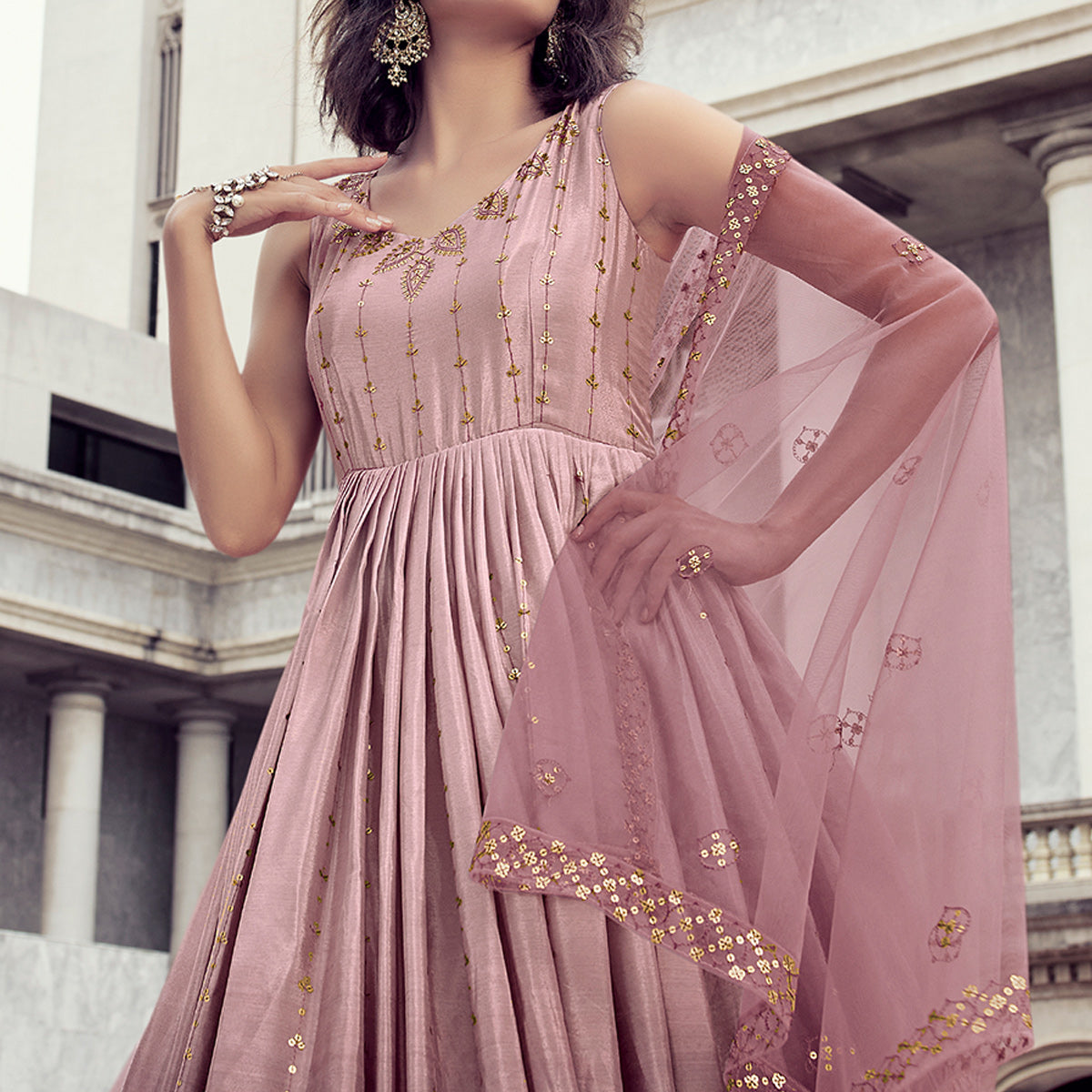 Dusty Pink Sequins Embroidered Chiffon Gown