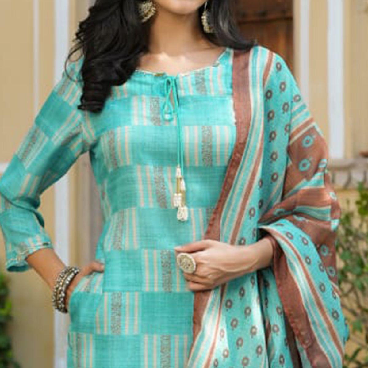 Turquoise Checked Printed Rayon Suit
