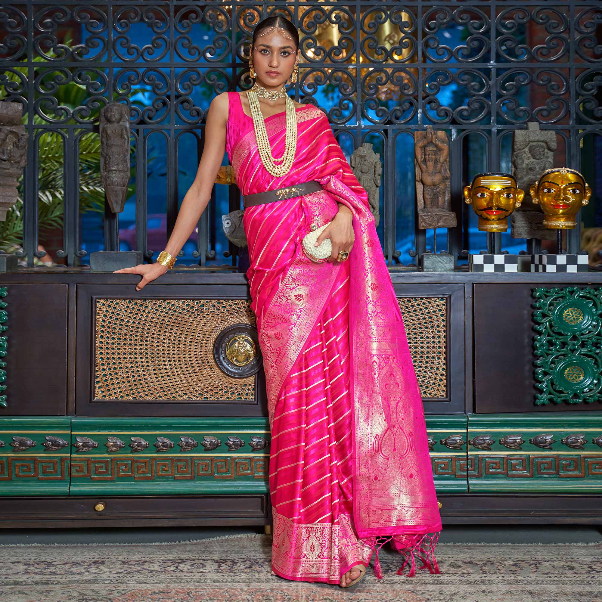 Rani Pink Woven Satin Saree With Tassels