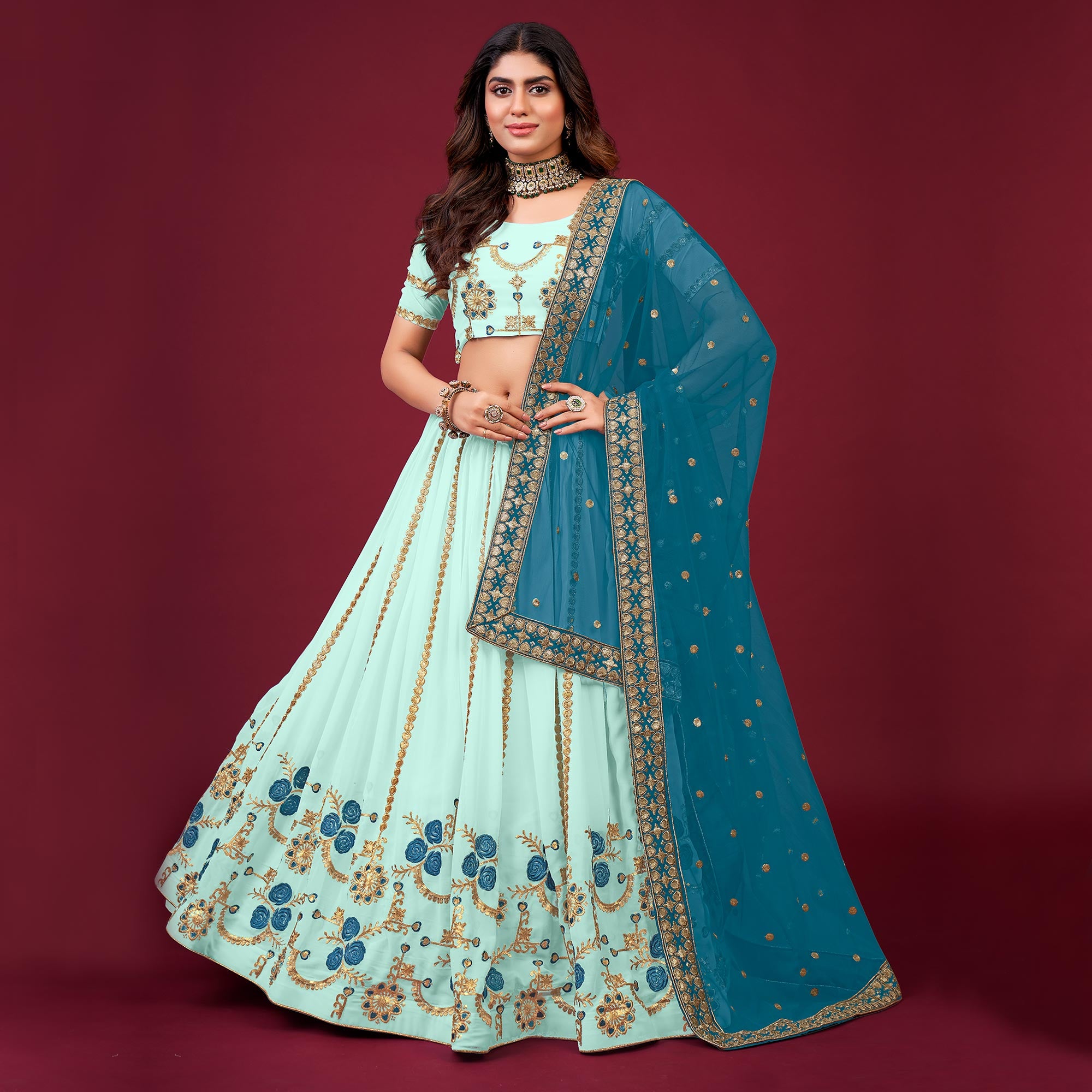 Sky Blue Embroidered Georgette Lehenga Choli